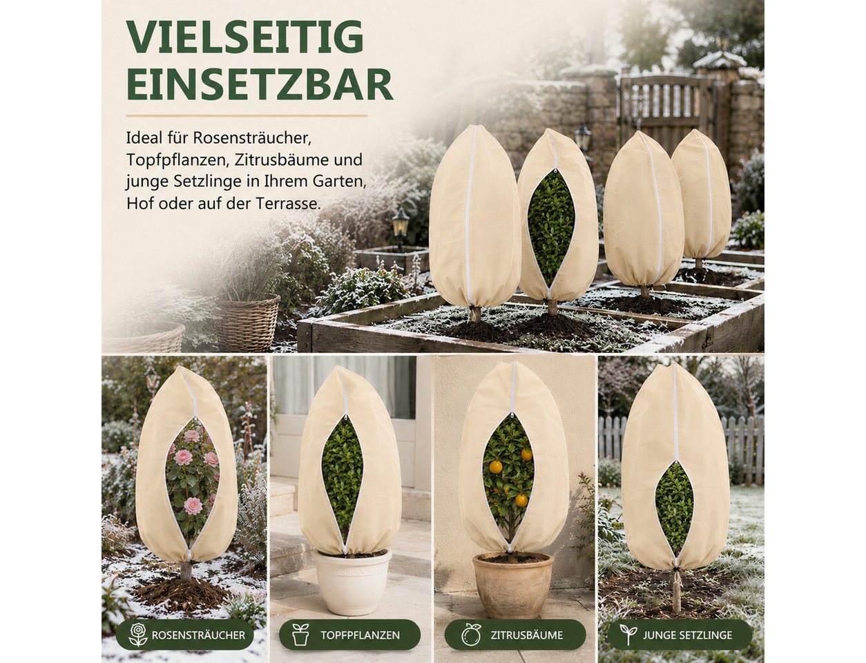 BlingBin Winterschutzhaube Pflanzenabdeckung 4 Stück Winterschutz Pflanzen Außen (4er Set, 4-St., 80×100 cm/80×120 cm), Atmungsaktiv Frostschutz Pflanzensack mit Reißverschluss und Zugband Bild 5