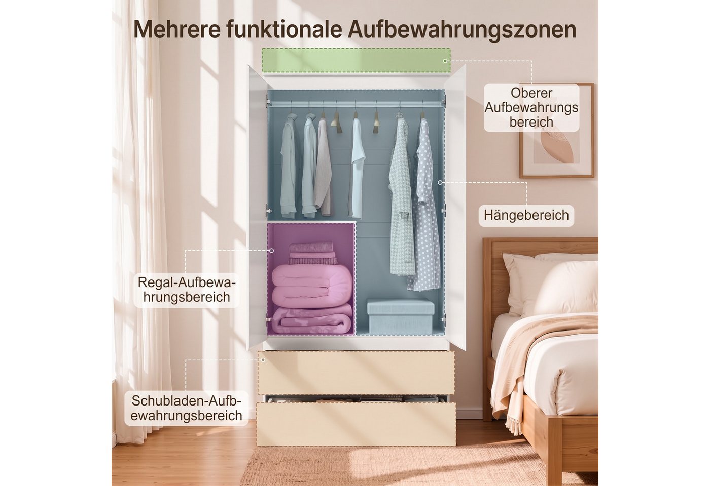 Bealife Garderobenschrank mit 2 Schubladen, Fächern & Kleiderstange, H:180cm