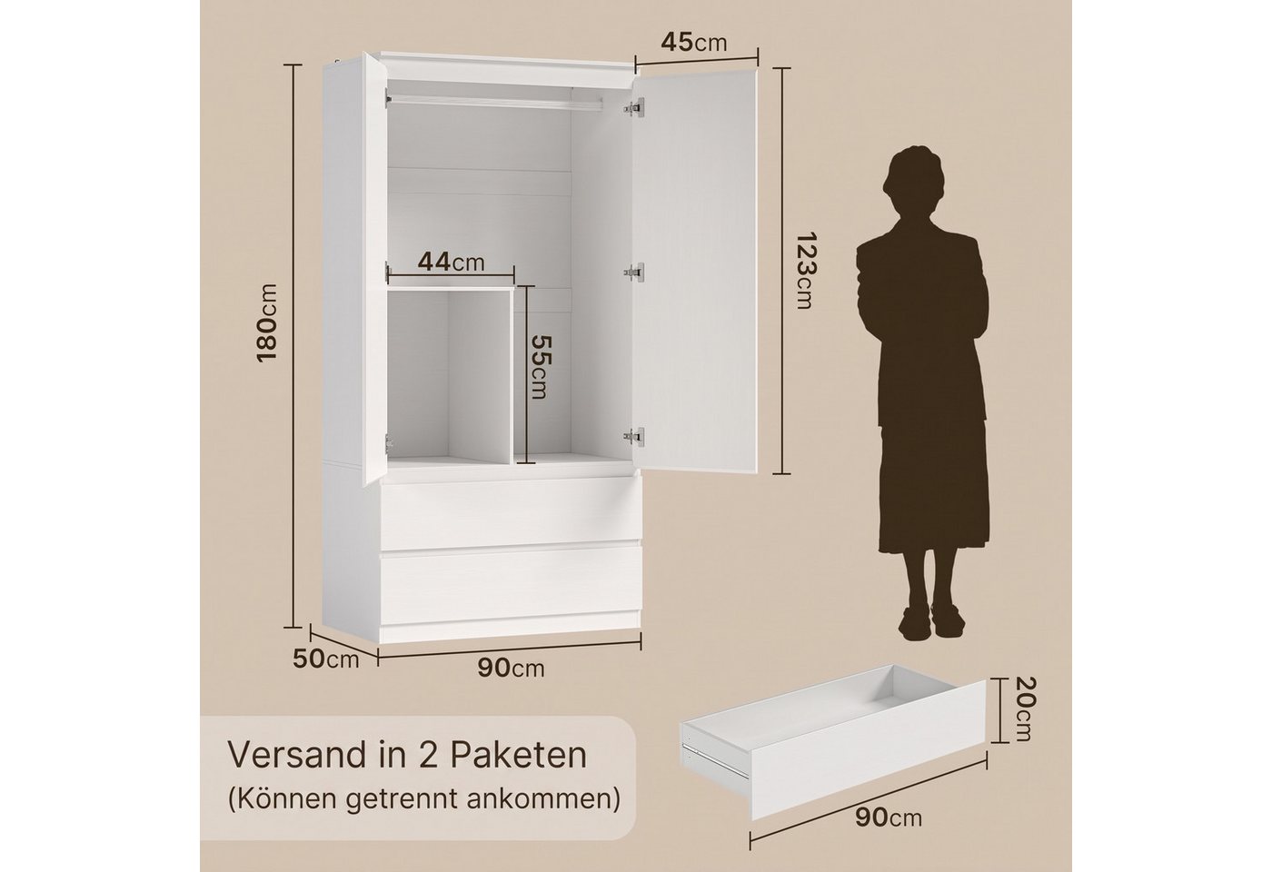 Bealife Garderobenschrank mit 2 Schubladen, Fächern & Kleiderstange, H:180cm Bild 5