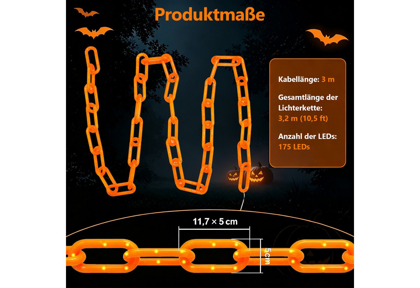 OZAVO LED-Lichterkette Halloween Lichterkette 3,2 m mit 175 LEDs, 8 Lichtmodi &Timer-Funktion, USB & Batteriebetrieben,Halloween Deko für Garten, Veranda, Spukhaus