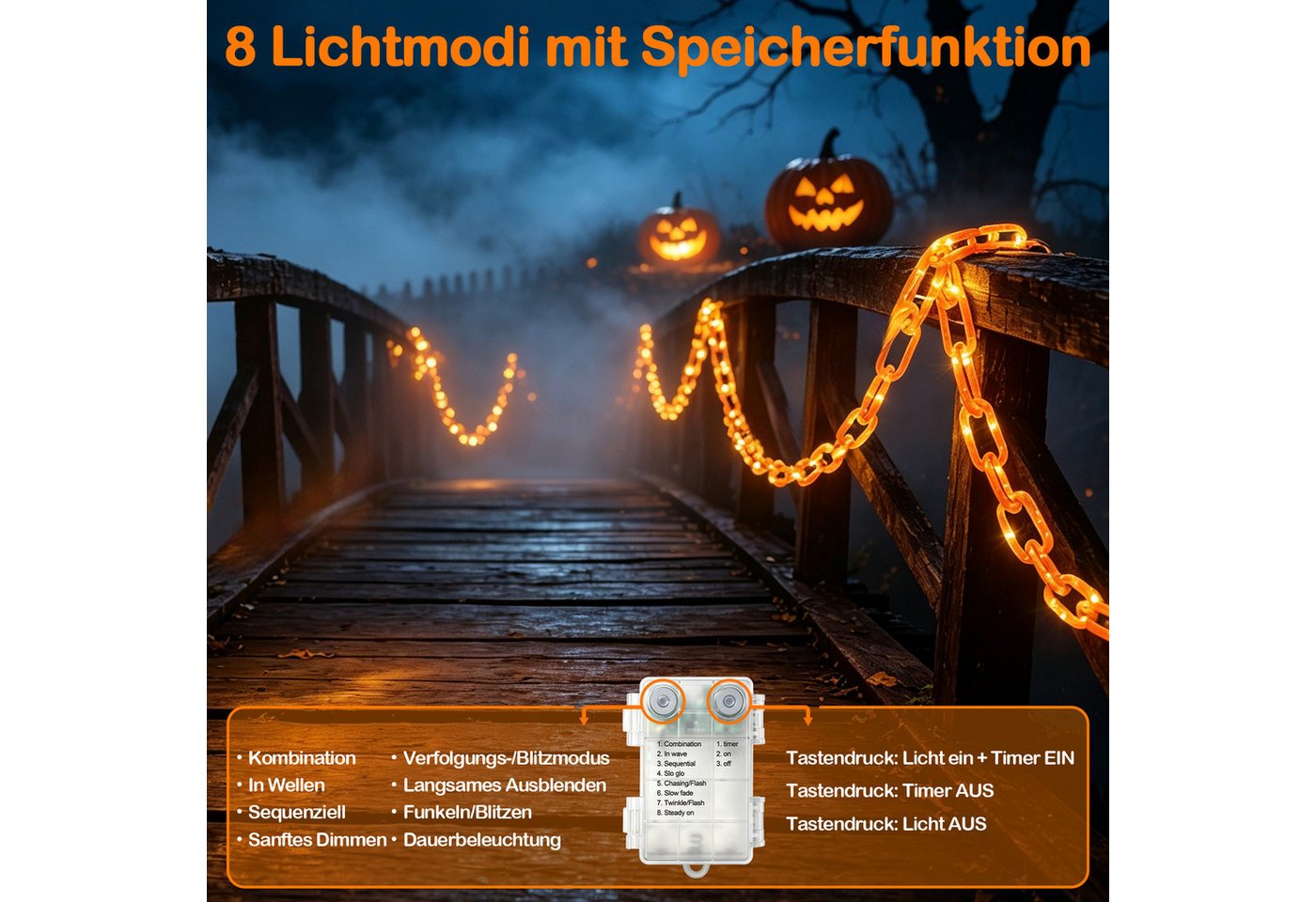 OZAVO LED-Lichterkette Halloween Lichterkette 3,2 m mit 175 LEDs, 8 Lichtmodi &Timer-Funktion, USB & Batteriebetrieben,Halloween Deko für Garten, Veranda, Spukhaus Bild 2