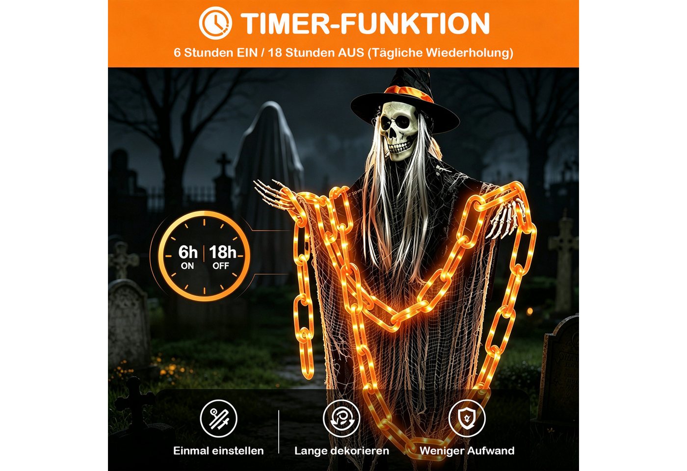 OZAVO LED-Lichterkette Halloween Lichterkette 3,2 m mit 175 LEDs, 8 Lichtmodi &Timer-Funktion, USB & Batteriebetrieben,Halloween Deko für Garten, Veranda, Spukhaus Bild 3