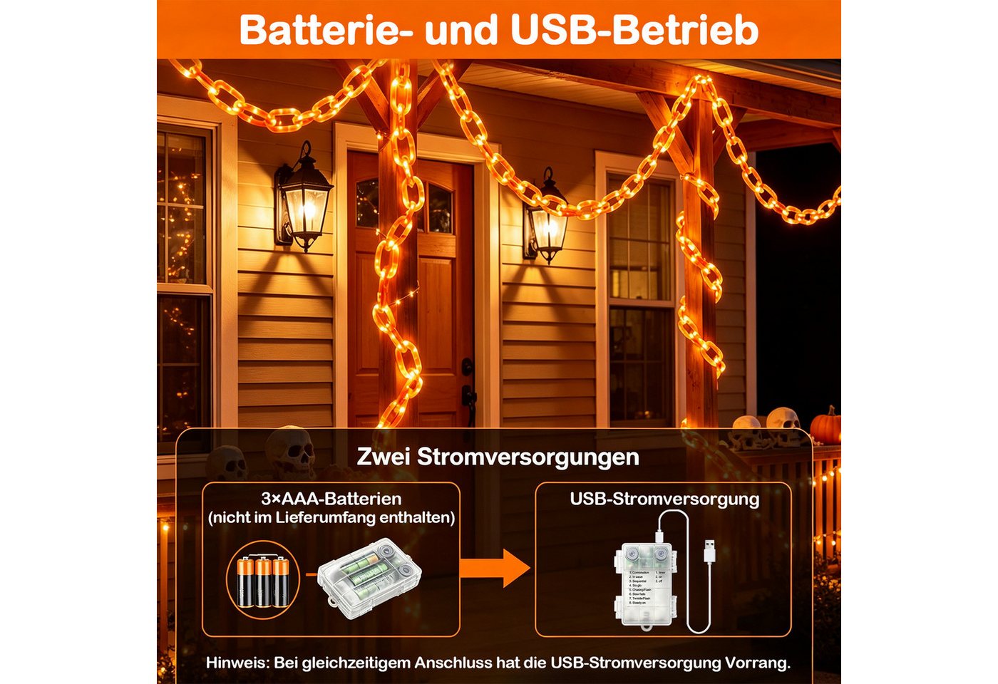 OZAVO LED-Lichterkette Halloween Lichterkette 3,2 m mit 175 LEDs, 8 Lichtmodi &Timer-Funktion, USB & Batteriebetrieben,Halloween Deko für Garten, Veranda, Spukhaus Bild 4