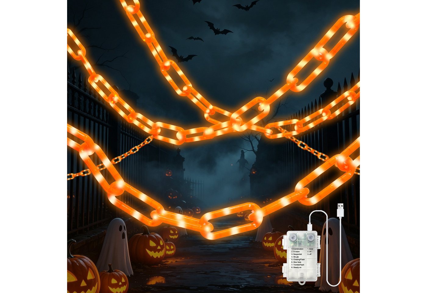 OZAVO LED-Lichterkette Halloween Lichterkette 3,2 m mit 175 LEDs, 8 Lichtmodi &Timer-Funktion, USB & Batteriebetrieben,Halloween Deko für Garten, Veranda, Spukhaus Bild 5