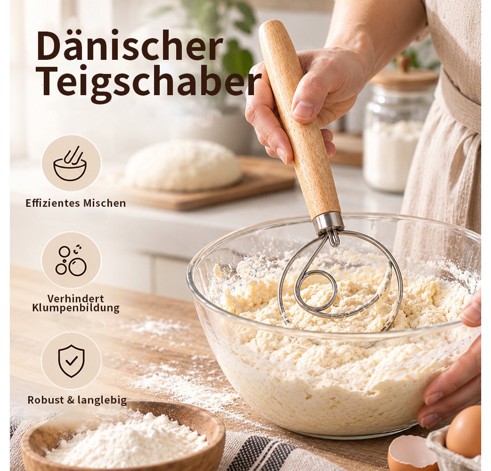 PFCTART Teigspachtel Dänisches Teigknetset, Teigkarte & Teigmesser, 3-teilig, 33 cm, Dänischer Schneebesen, Brot backen Zubehör, Sauerteig, Brotbackset Bild 4