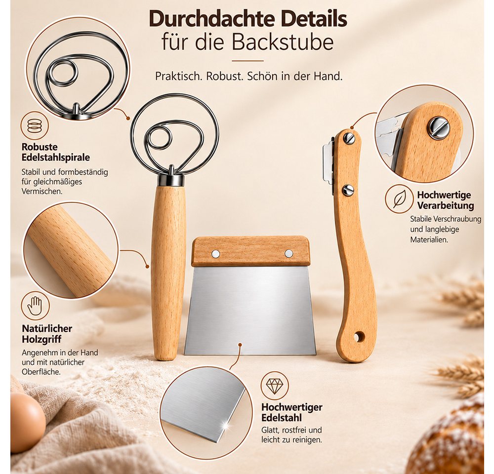 PFCTART Teigspachtel Dänisches Teigknetset, Teigkarte & Teigmesser, 3-teilig, 33 cm, Dänischer Schneebesen, Brot backen Zubehör, Sauerteig, Brotbackset Bild 5