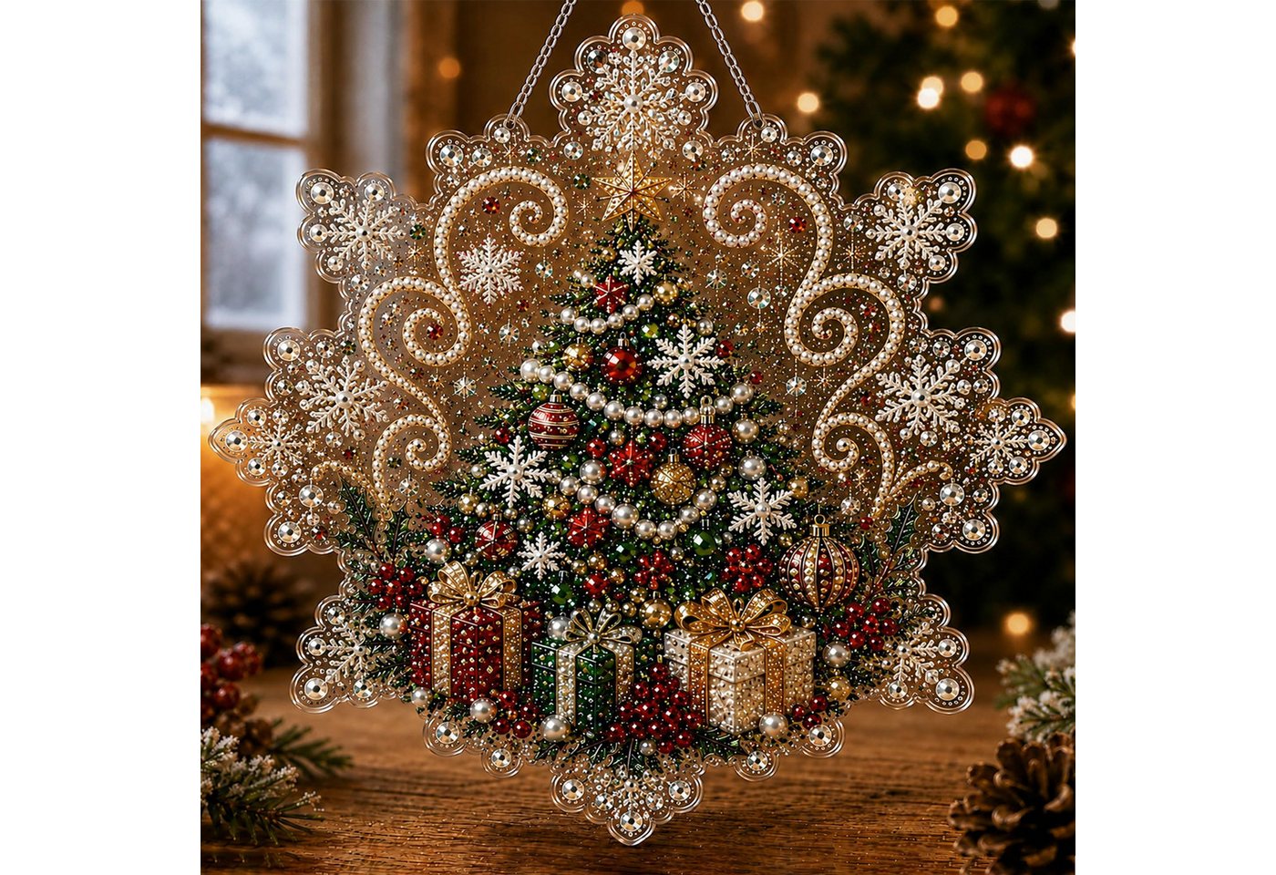 Bomiclss Kreativset Diamond-Painting-Set„Weihnachtsperle“für Erwachsene–Dekorationsartikel, onnenfänger Bastelset mit Schneeflocken-Acrylanhänger