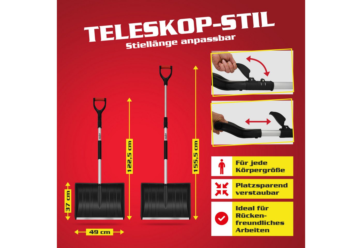 Hecht Schneeschieber Schneeschaufel Teleskop Aluminium mit Metallkante, 49 cm Arbeitsbreite, mit 155,5 cm langem Stiel, 1,38 kg, Ergonomisch, Metallkante, D-Griff, Kunststoff Schnee Schaufel