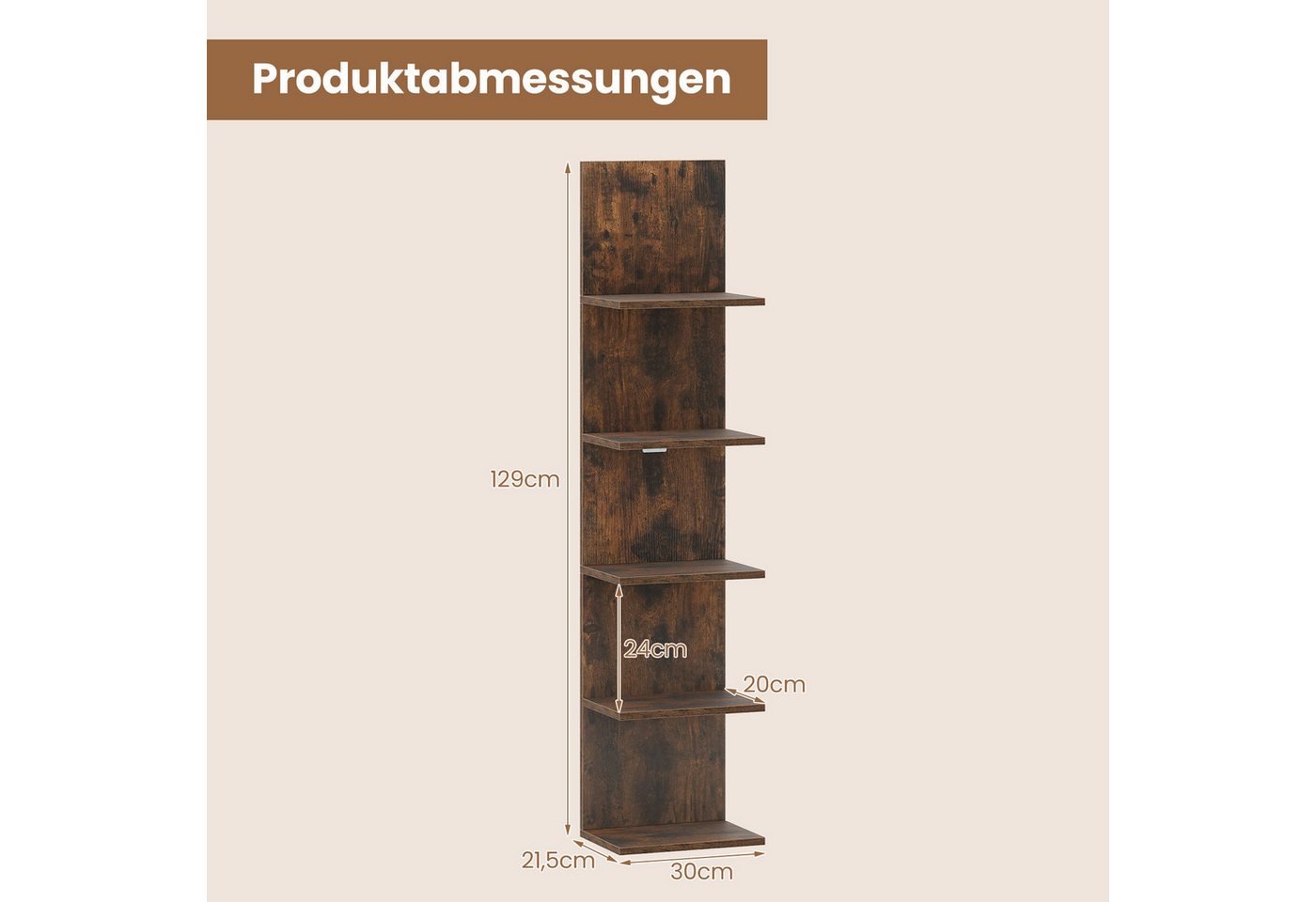 COSTWAY Wandregal, Holz Hängeregal vertikal Schweberegal Küche 30x21,5x129cm Bild 4