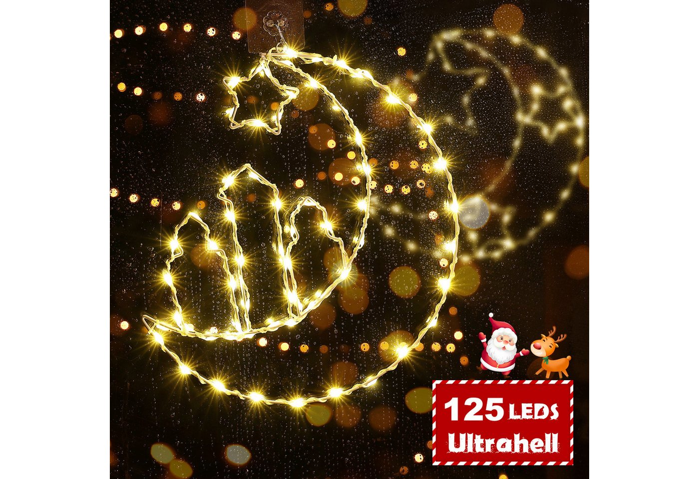 Quntis LED-Lichterkette LED Weihnachtsstern 2er Set, Warmweiße Lichter, Batteriebetrieben, 125-flammig, Weihnachtsdeko für Wand & Fenster mit 2 Haken, Innen IP20