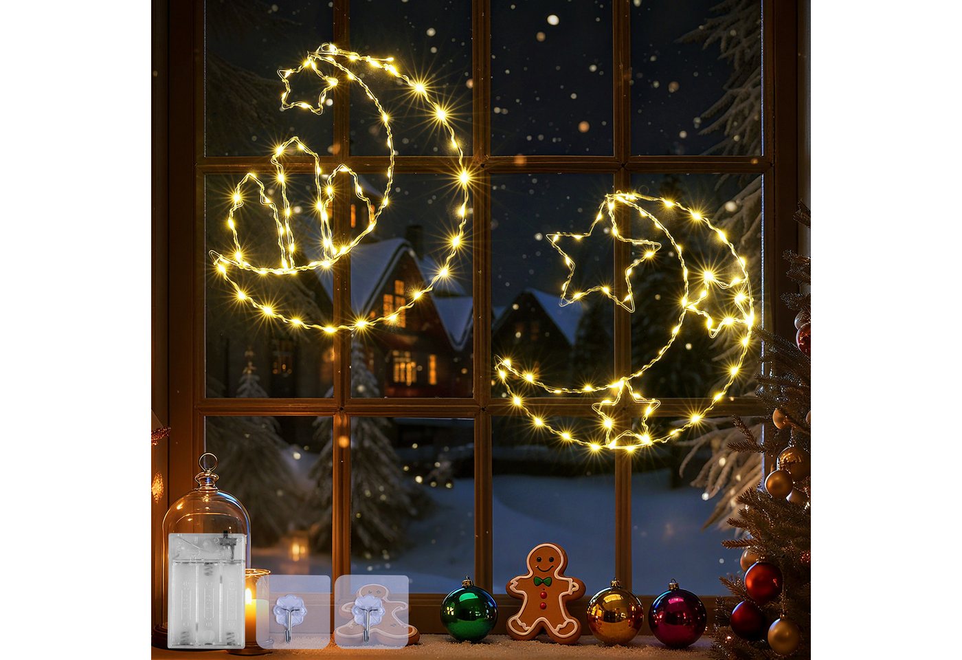 Quntis LED-Lichterkette LED Weihnachtsstern 2er Set, Warmweiße Lichter, Batteriebetrieben, 125-flammig, Weihnachtsdeko für Wand & Fenster mit 2 Haken, Innen IP20 Bild 2