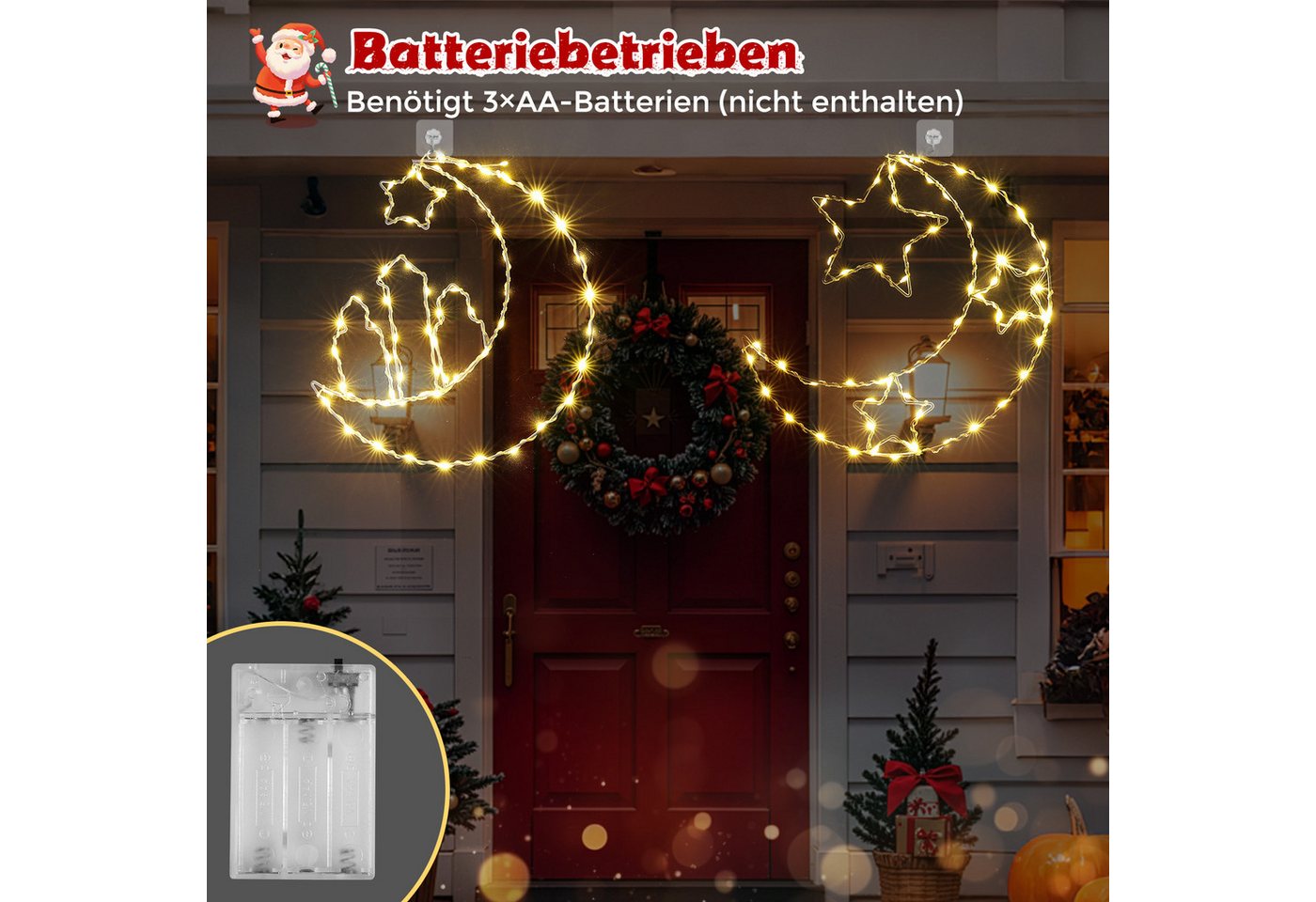 Quntis LED-Lichterkette LED Weihnachtsstern 2er Set, Warmweiße Lichter, Batteriebetrieben, 125-flammig, Weihnachtsdeko für Wand & Fenster mit 2 Haken, Innen IP20 Bild 3