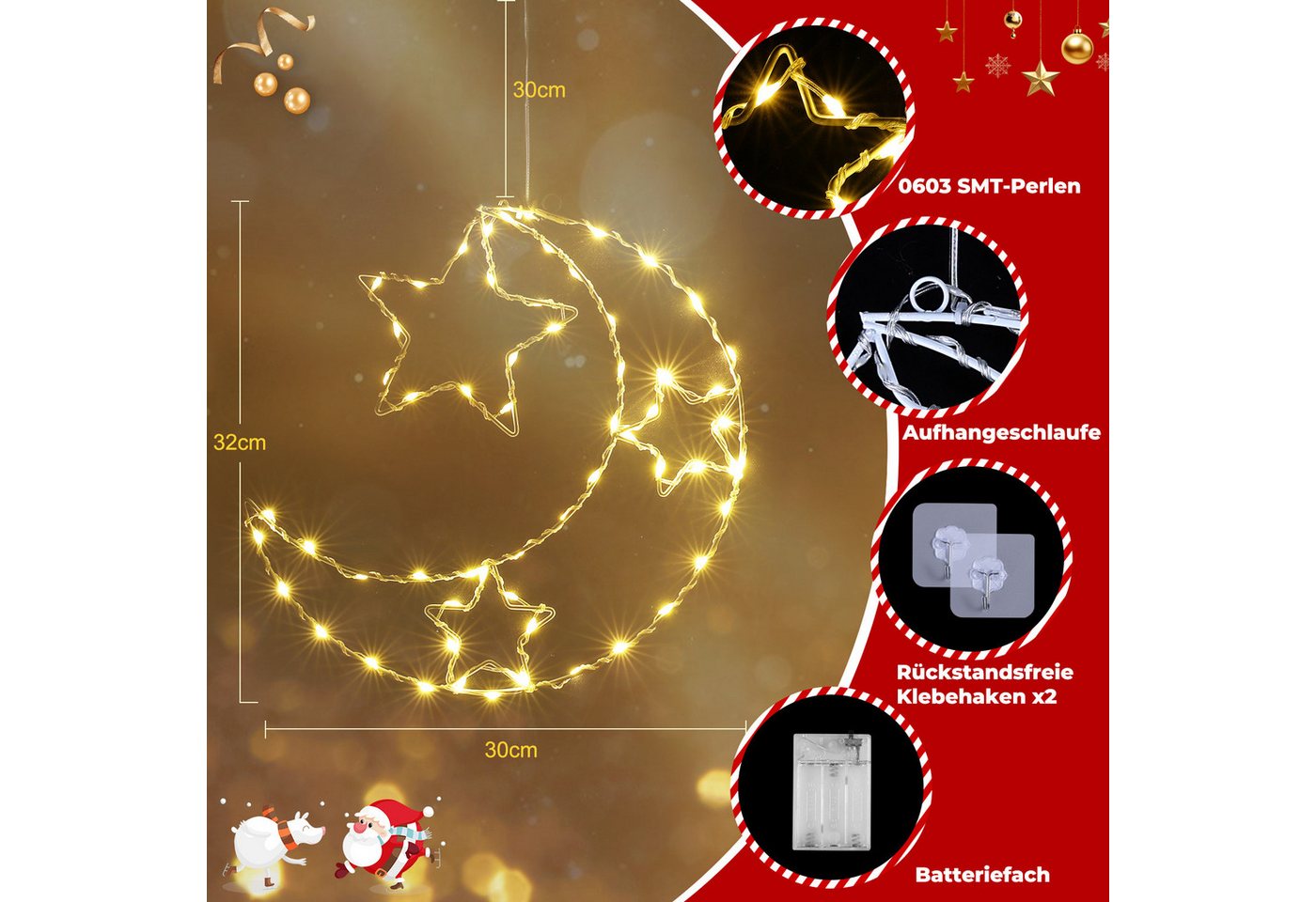 Quntis LED-Lichterkette LED Weihnachtsstern 2er Set, Warmweiße Lichter, Batteriebetrieben, 125-flammig, Weihnachtsdeko für Wand & Fenster mit 2 Haken, Innen IP20 Bild 4