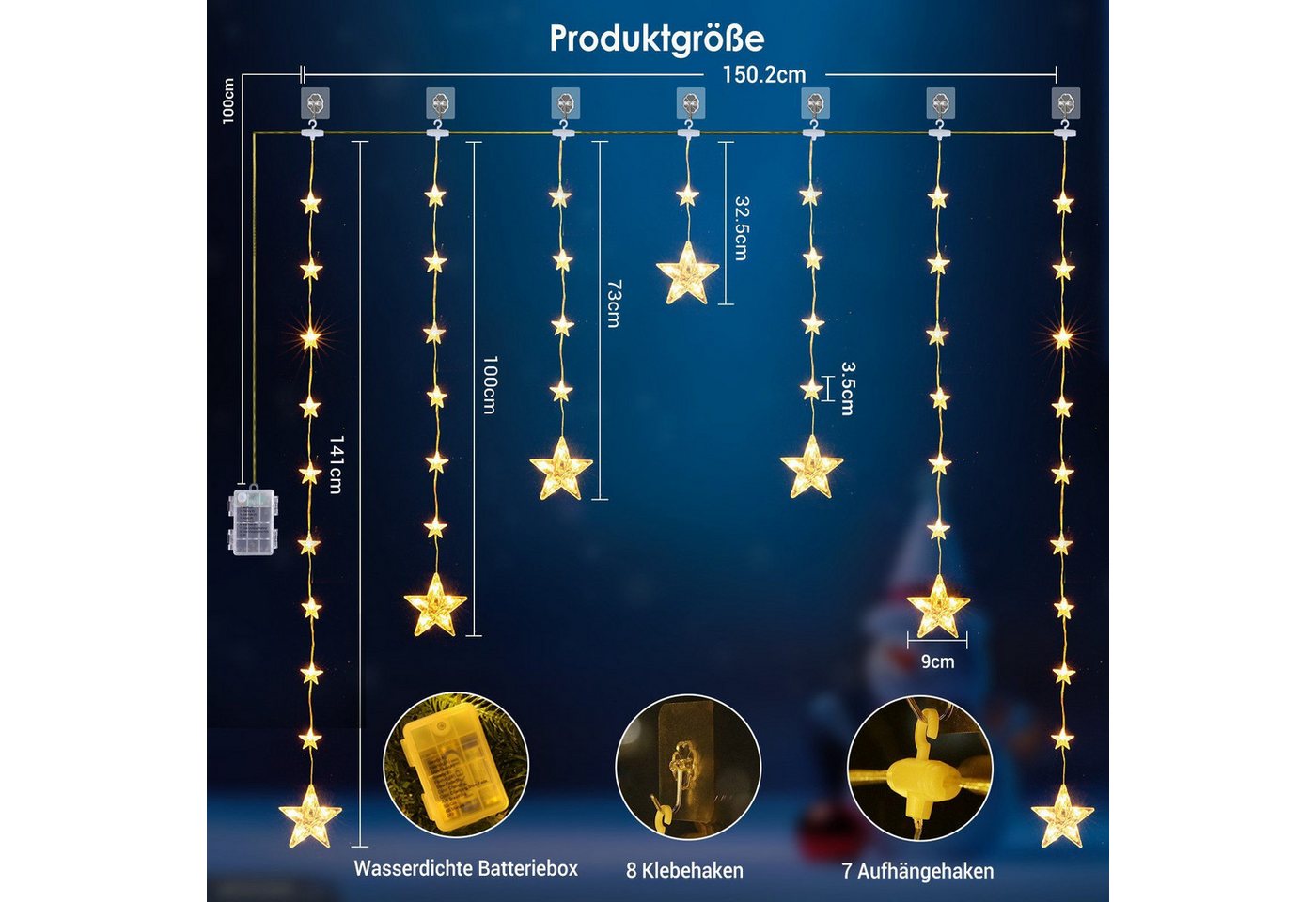 Quntis Lichtervorhang 88cm Bunt&Warmweiß weihnachtsstern fenster, weihnachtsdeko innen, 74-flammig, LED Fensterbilder für Innen/Außen/Fenster Ostern Mädchen Deko Bild 2