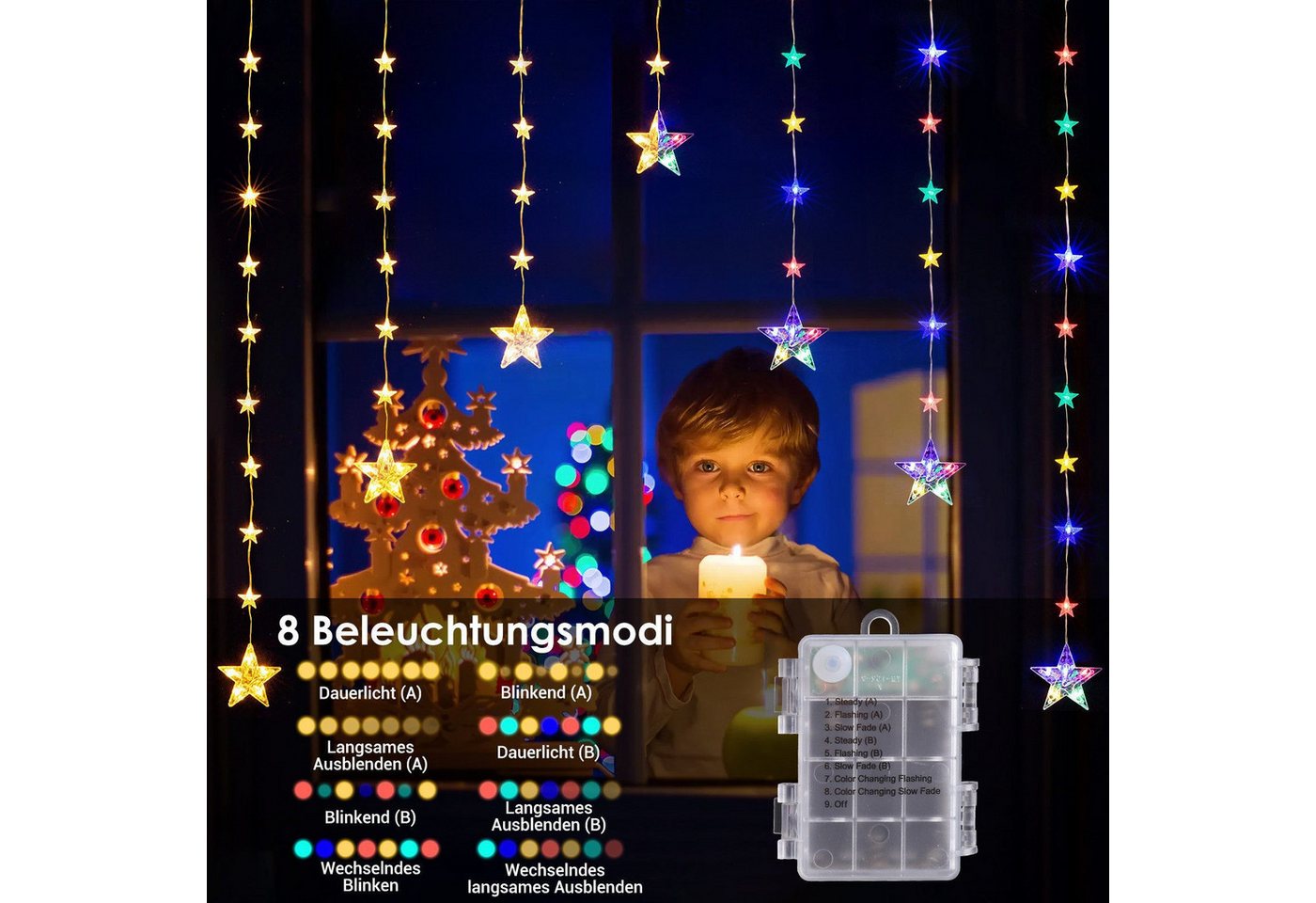 Quntis Lichtervorhang 88cm Bunt&Warmweiß weihnachtsstern fenster, weihnachtsdeko innen, 74-flammig, LED Fensterbilder für Innen/Außen/Fenster Ostern Mädchen Deko Bild 4