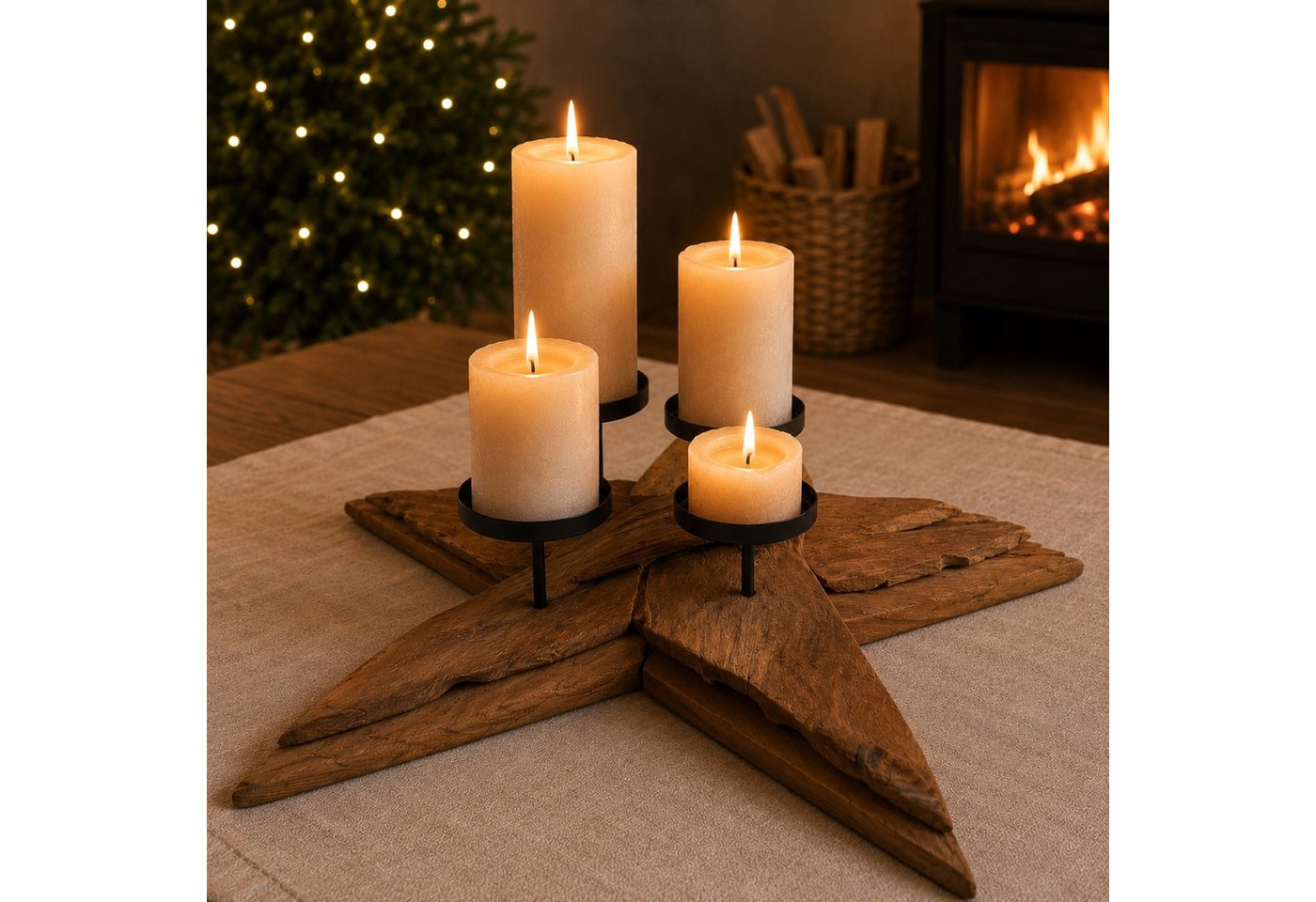 Online-Fuchs Adventskranz STERN aus rustikalem Treibholz mit Kerzenhaltern aus Metall, Naturprodukt mit besonderem Charakter - 58 cm groß