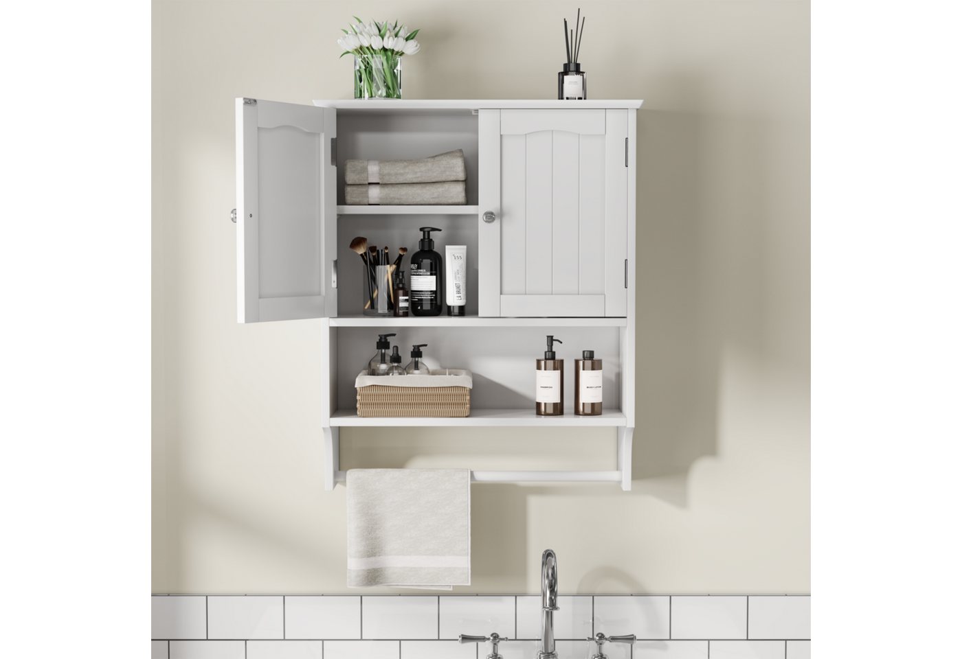 ANYSUN Hängeschrank Wandschrank mit 2 Türen,Stauraum,Bad-Hängeschrank mit Handtuchhalter (1-St., Einzelstück) mit herausnehmbaren Einlegeböden,5 einstellbare Höhen,56.8×19×70 cm