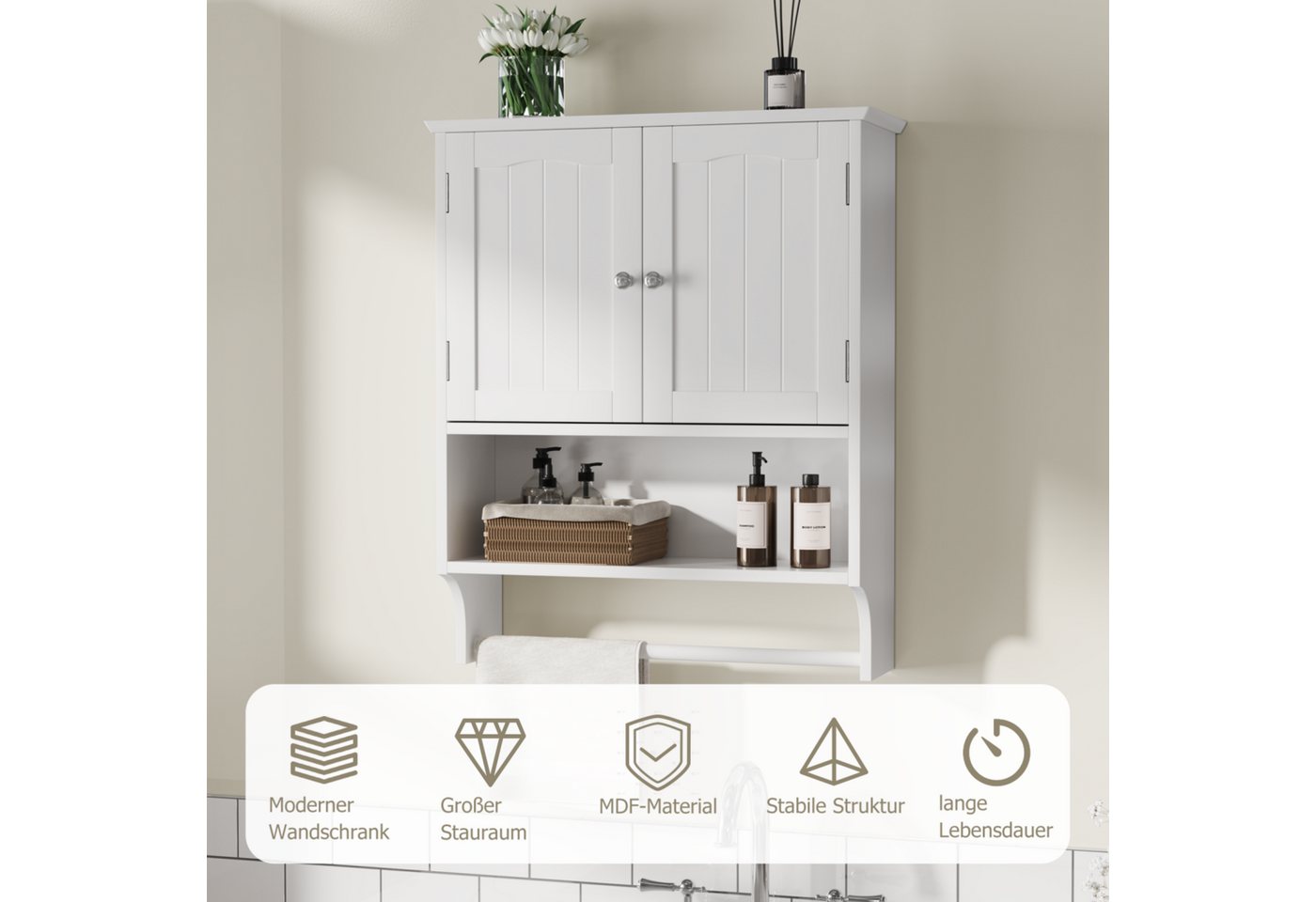 ANYSUN Hängeschrank Wandschrank mit 2 Türen,Stauraum,Bad-Hängeschrank mit Handtuchhalter (1-St., Einzelstück) mit herausnehmbaren Einlegeböden,5 einstellbare Höhen,56.8×19×70 cm Bild 2