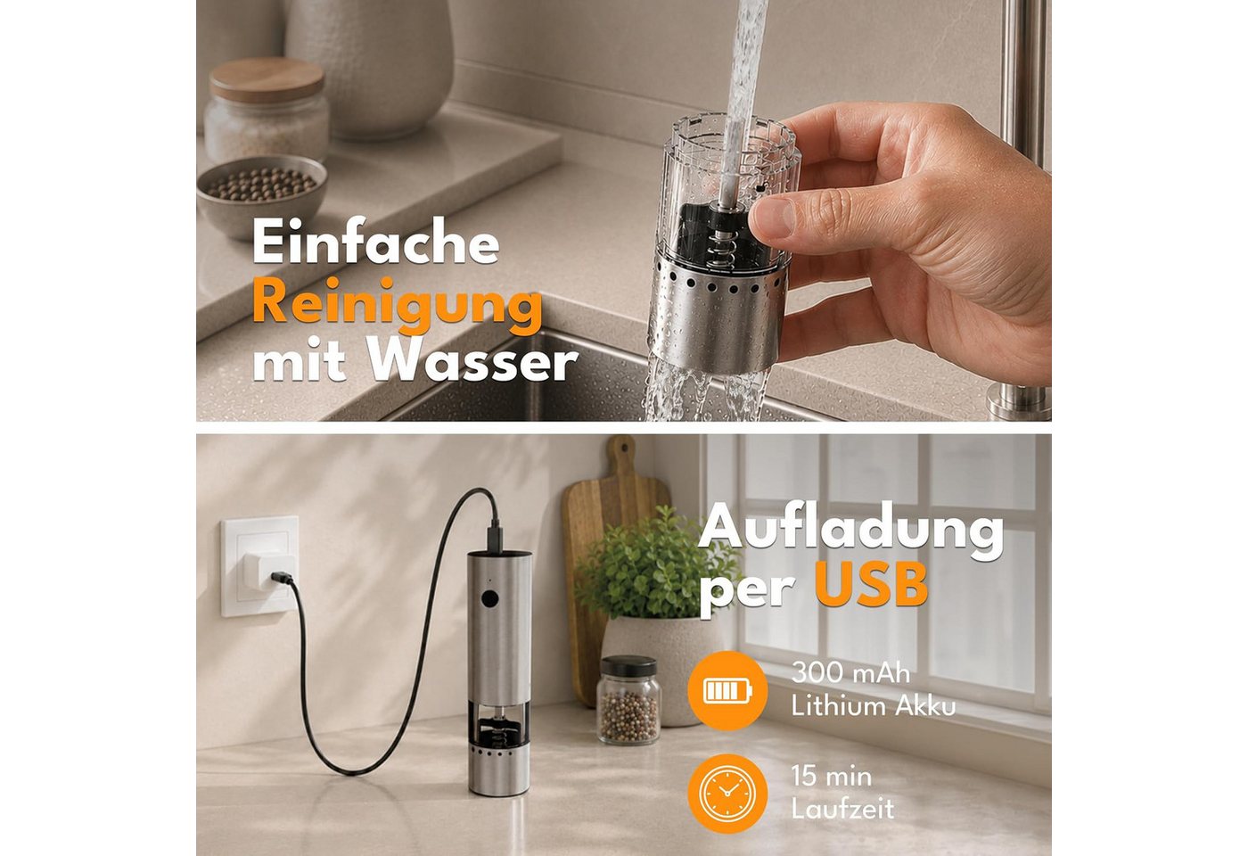 wohnTRAUM24 Salz-/Pfeffermühle Mini Salz und Pfeffermühle Elektrisch - 300mAh & 30ml 1er Set Akku, Wiederaufladbar Gewürzmühle Klein Elektrischer Salz & Pfefferstreuer Bild 2