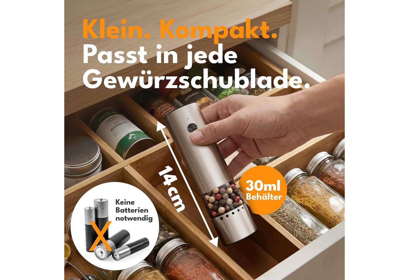 wohnTRAUM24 Salz-/Pfeffermühle Mini Salz und Pfeffermühle Elektrisch - 300mAh & 30ml 1er Set Akku, Wiederaufladbar Gewürzmühle Klein Elektrischer Salz & Pfefferstreuer Bild 4