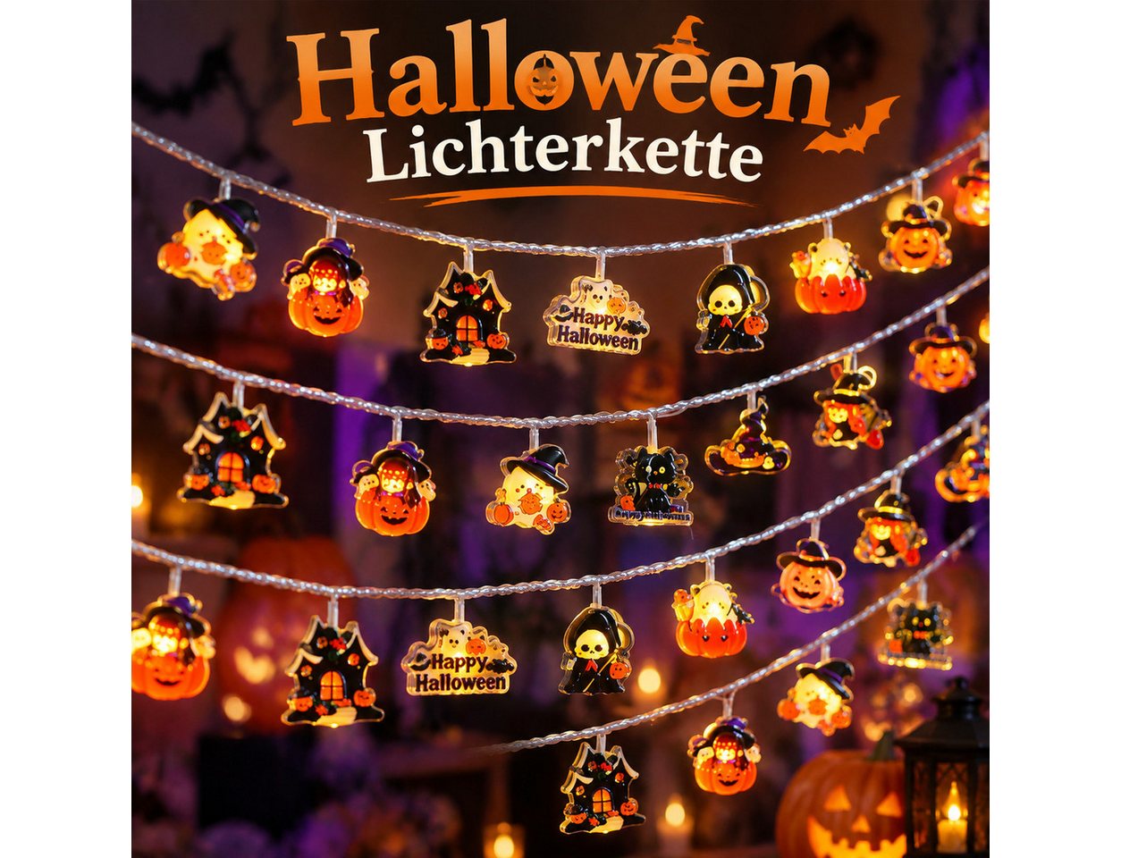 nsihing LED-Lichterkette Halloween Lichterkette 30 LED, Kürbis- & Geisterlichter, Batteriebetrieben mit Blinkmodi für Innen & Außen Bild 4