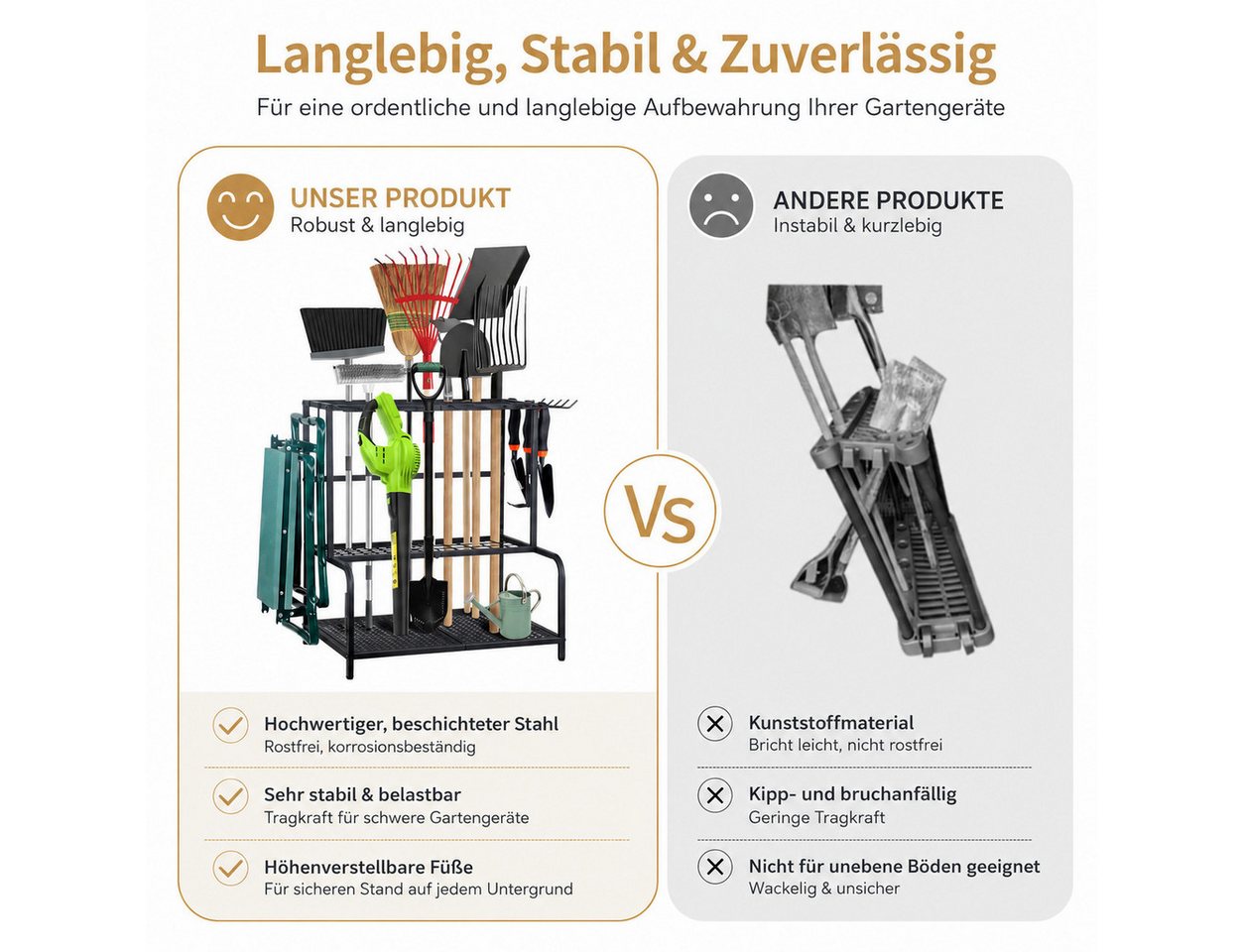 Toomoke Gartengerätehalter Werkzeugständer, Gartenwerkzeug Organizer 3 Ebenen 74×41×66cm, (bis 90 kg, Kohlenstoffstahlmaterial, für Garage, Schuppen und Keller) Bild 2