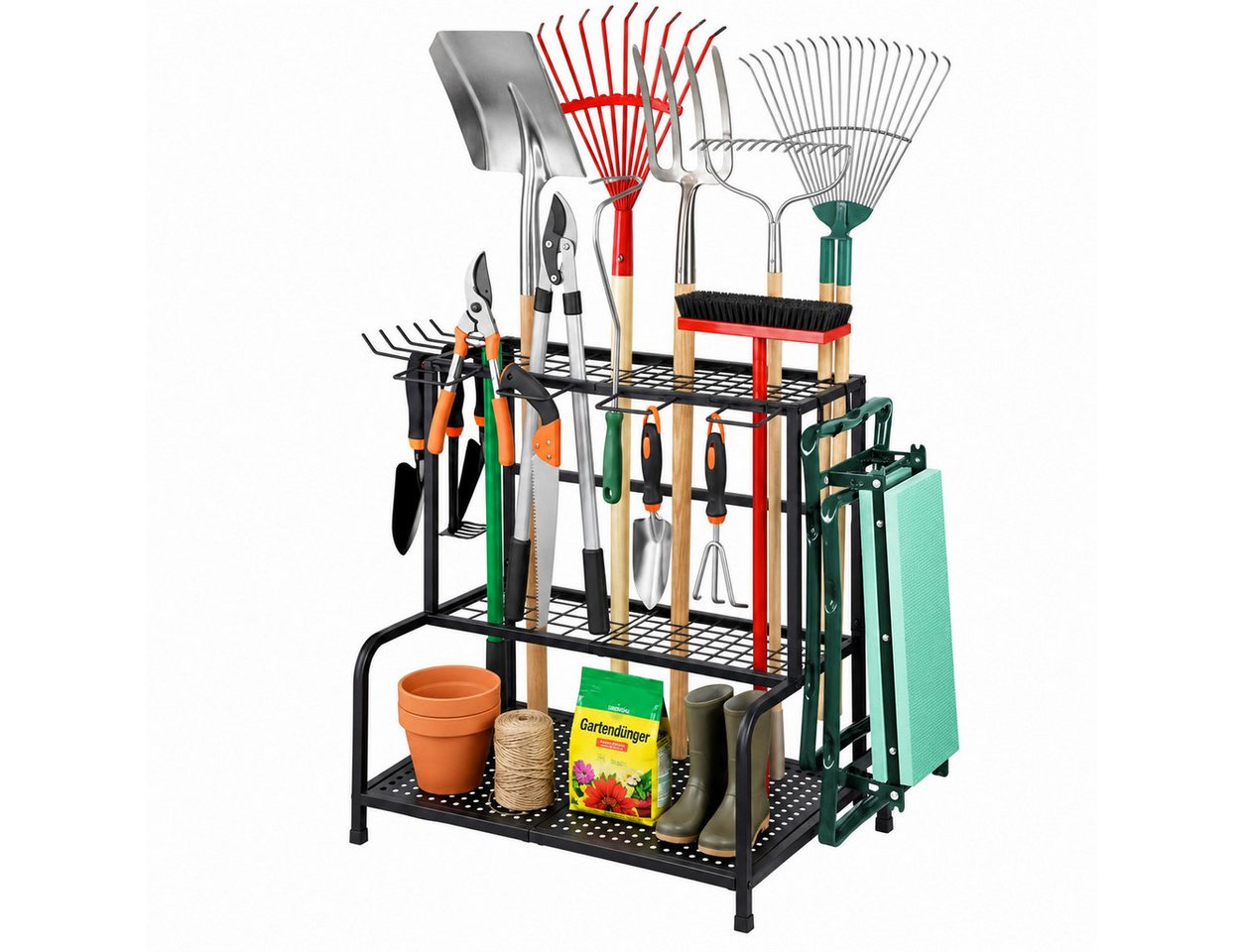 Toomoke Gartengerätehalter Werkzeugständer, Gartenwerkzeug Organizer 3 Ebenen 74×41×66cm, (bis 90 kg, Kohlenstoffstahlmaterial, für Garage, Schuppen und Keller) Bild 4