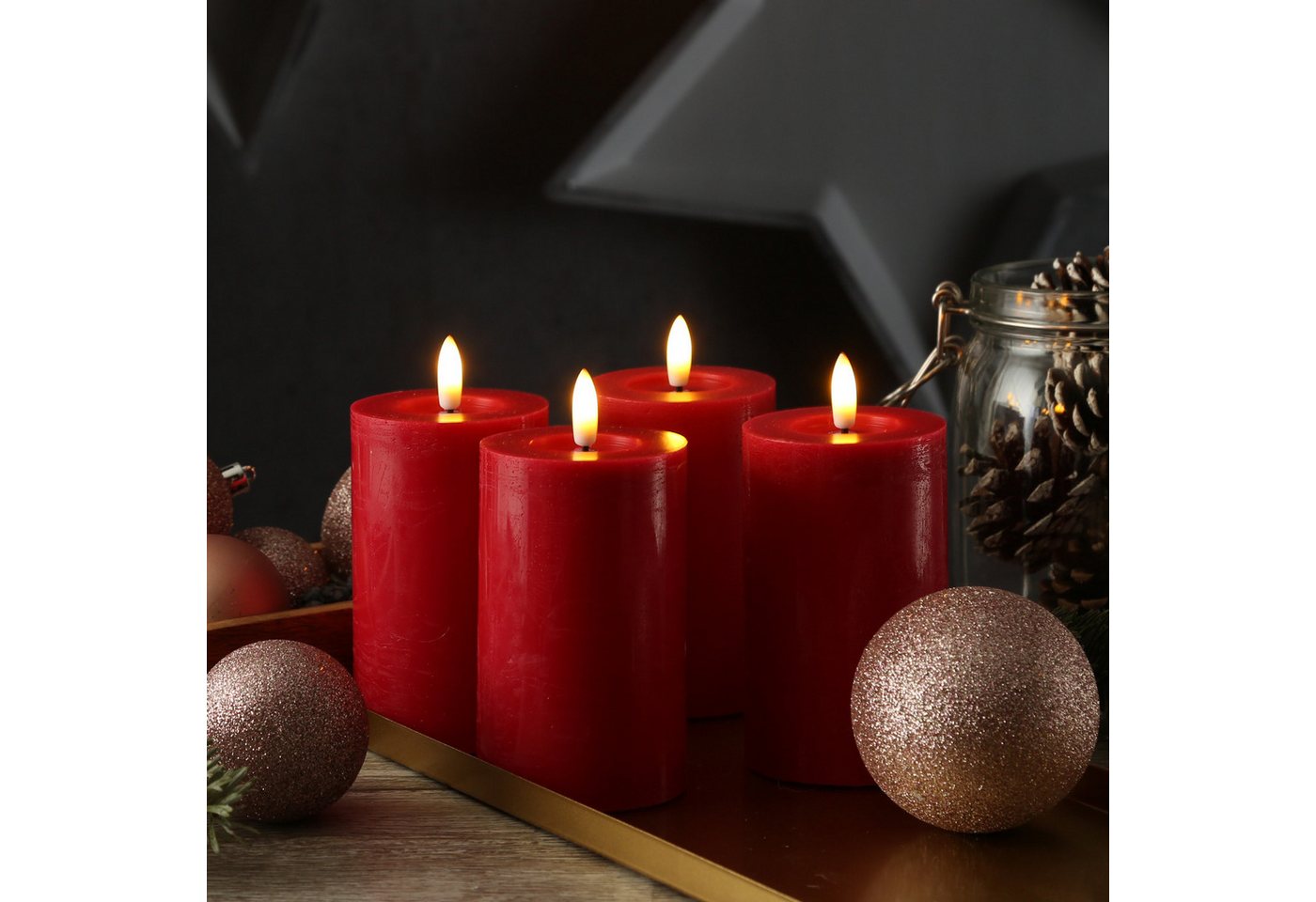 Adilina LED-Kerze Kerzenset LINA Rustik Optik für Adventskranz 7x11cm Timer rot 4St, LED Classic, warmweiß (2100K bis 3000K)