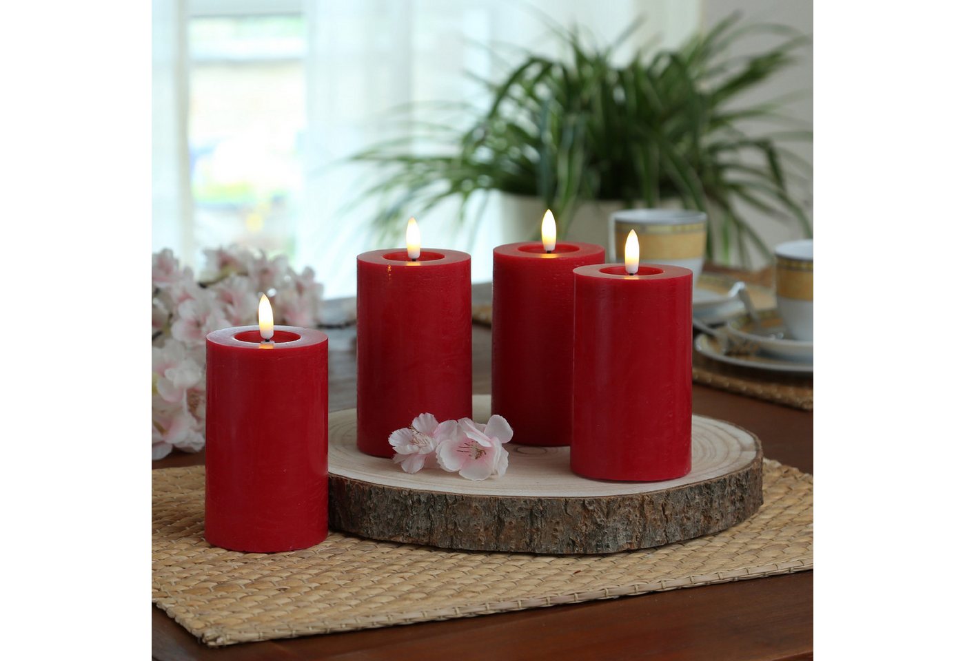Adilina LED-Kerze Kerzenset LINA Rustik Optik für Adventskranz 7x11cm Timer rot 4St, LED Classic, warmweiß (2100K bis 3000K) Bild 2