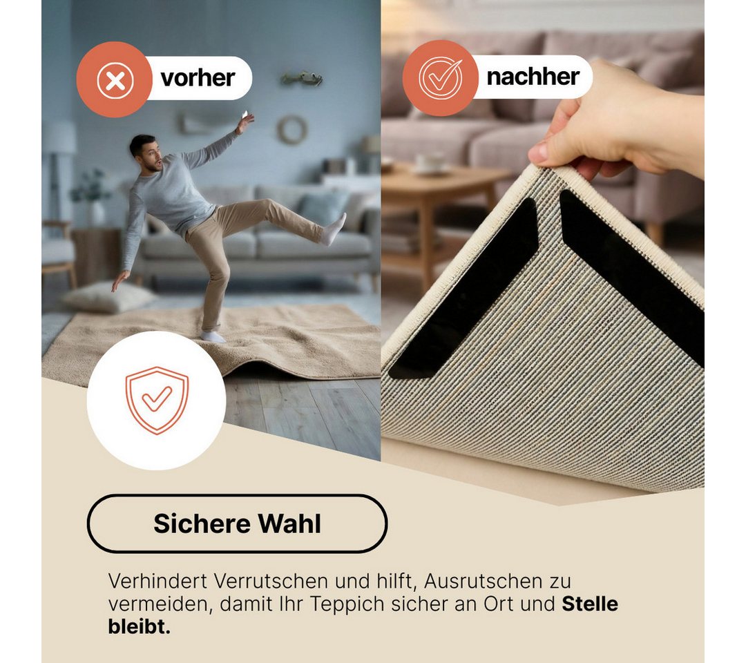 Tapiso Antirutsch Teppichunterlage 8-teiliges Set Teppich Greifer, (Set, 8-St., 8 x selbstklebender Antirutsch-Teppichgreifer (180x30mm), selbstklebend, rutschfest, wiederverwendbar, extraflach & unsichtbar Bild 2