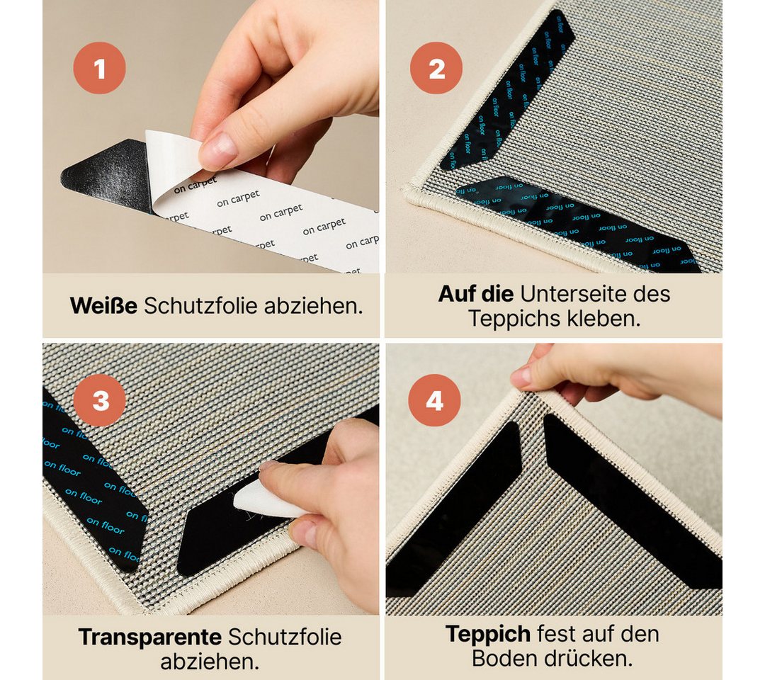 Tapiso Antirutsch Teppichunterlage 8-teiliges Set Teppich Greifer, (Set, 8-St., 8 x selbstklebender Antirutsch-Teppichgreifer (180x30mm), selbstklebend, rutschfest, wiederverwendbar, extraflach & unsichtbar Bild 3