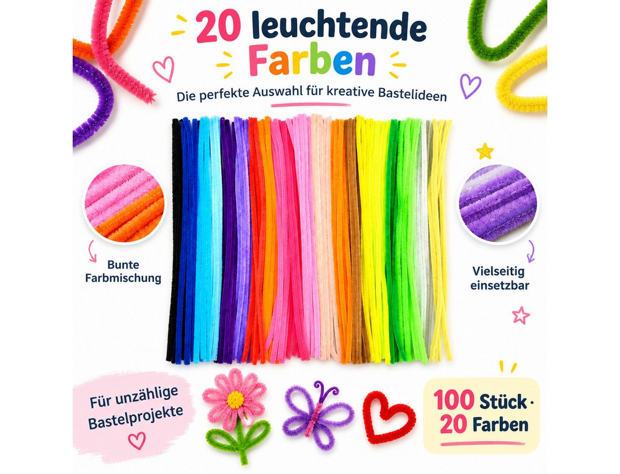 XEOOCE Kreativset Pfeifenputzer Set, 100 Stück, 20 Farben, 30 cm, Basteln, (Set, 100 Pfeifenputzer, 20 Farben, 30 cm), Weich, biegsam, 20 Farben, sauber verarbeitete Enden