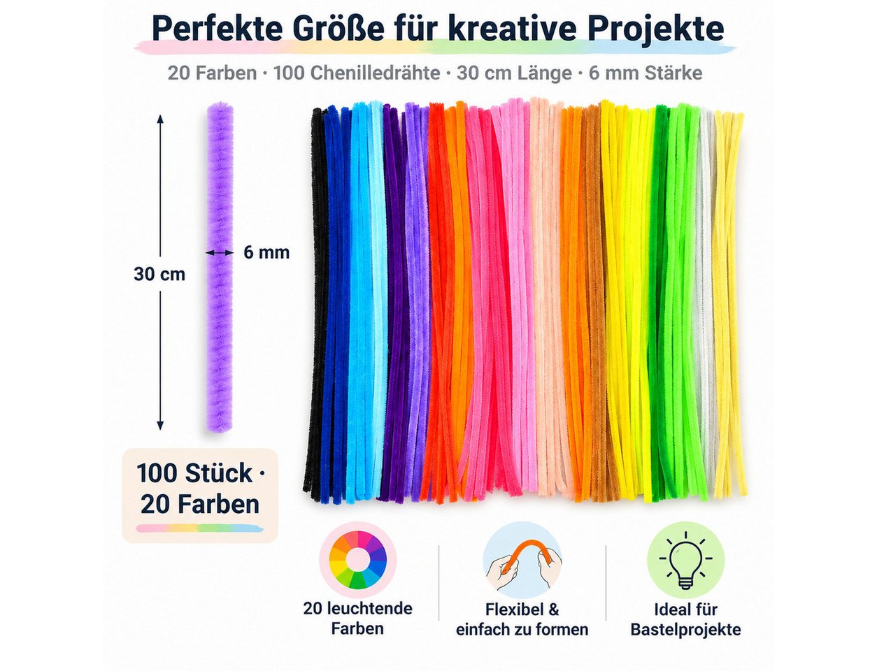 XEOOCE Kreativset Pfeifenputzer Set, 100 Stück, 20 Farben, 30 cm, Basteln, (Set, 100 Pfeifenputzer, 20 Farben, 30 cm), Weich, biegsam, 20 Farben, sauber verarbeitete Enden Bild 2