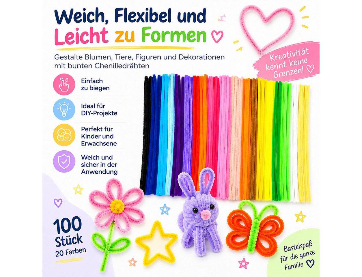 XEOOCE Kreativset Pfeifenputzer Set, 100 Stück, 20 Farben, 30 cm, Basteln, (Set, 100 Pfeifenputzer, 20 Farben, 30 cm), Weich, biegsam, 20 Farben, sauber verarbeitete Enden Bild 3