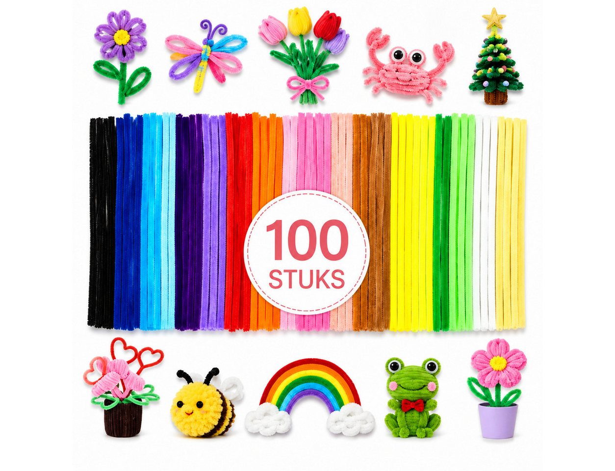 XEOOCE Kreativset Pfeifenputzer Set, 100 Stück, 20 Farben, 30 cm, Basteln, (Set, 100 Pfeifenputzer, 20 Farben, 30 cm), Weich, biegsam, 20 Farben, sauber verarbeitete Enden Bild 4