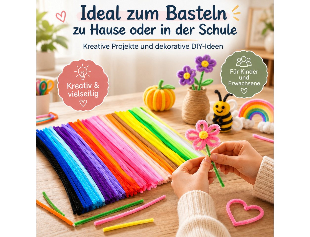 XEOOCE Kreativset Pfeifenputzer Set, 100 Stück, 20 Farben, 30 cm, Basteln, (Set, 100 Pfeifenputzer, 20 Farben, 30 cm), Weich, biegsam, 20 Farben, sauber verarbeitete Enden Bild 5