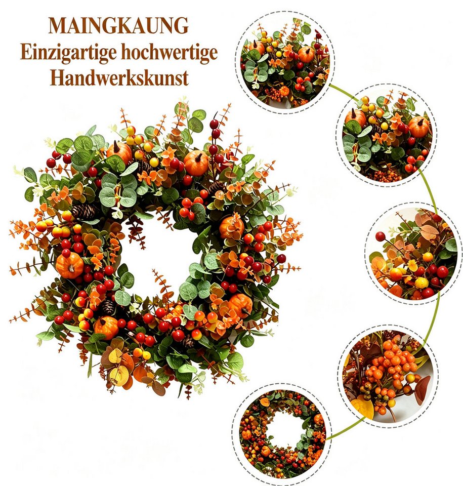 Agger Dekokranz Herbstlicher Kürbis-Beeren-Dekokranz, Türkranz für den Eingangsbereich, passend für Thanksgiving, Erntedankfest und Halloween
