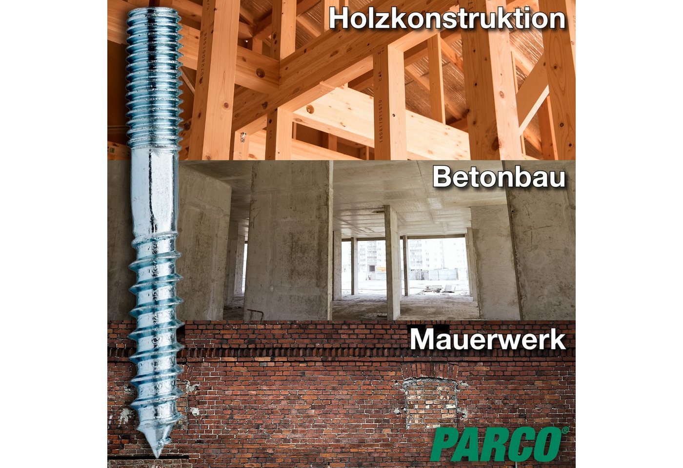 PARCO Stockschraube M8 - TX25, Holzgewinde, Sechskantschaft, 100 St., (100 St), Spitze mit Holzgewinde Sechskantschaft