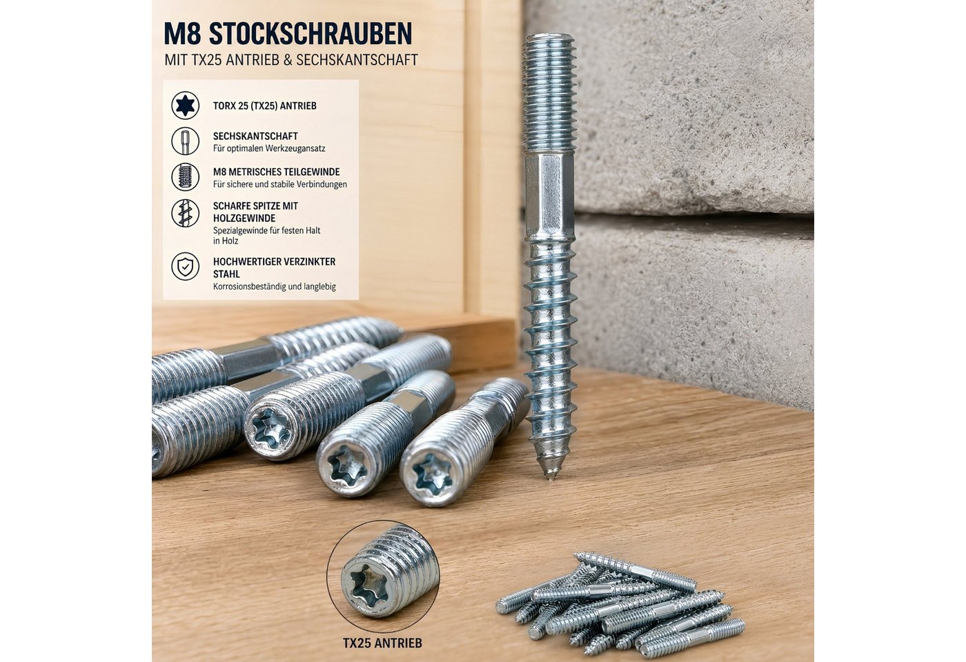 PARCO Stockschraube M8 - TX25, Holzgewinde, Sechskantschaft, 100 St., (100 St), Spitze mit Holzgewinde Sechskantschaft Bild 3