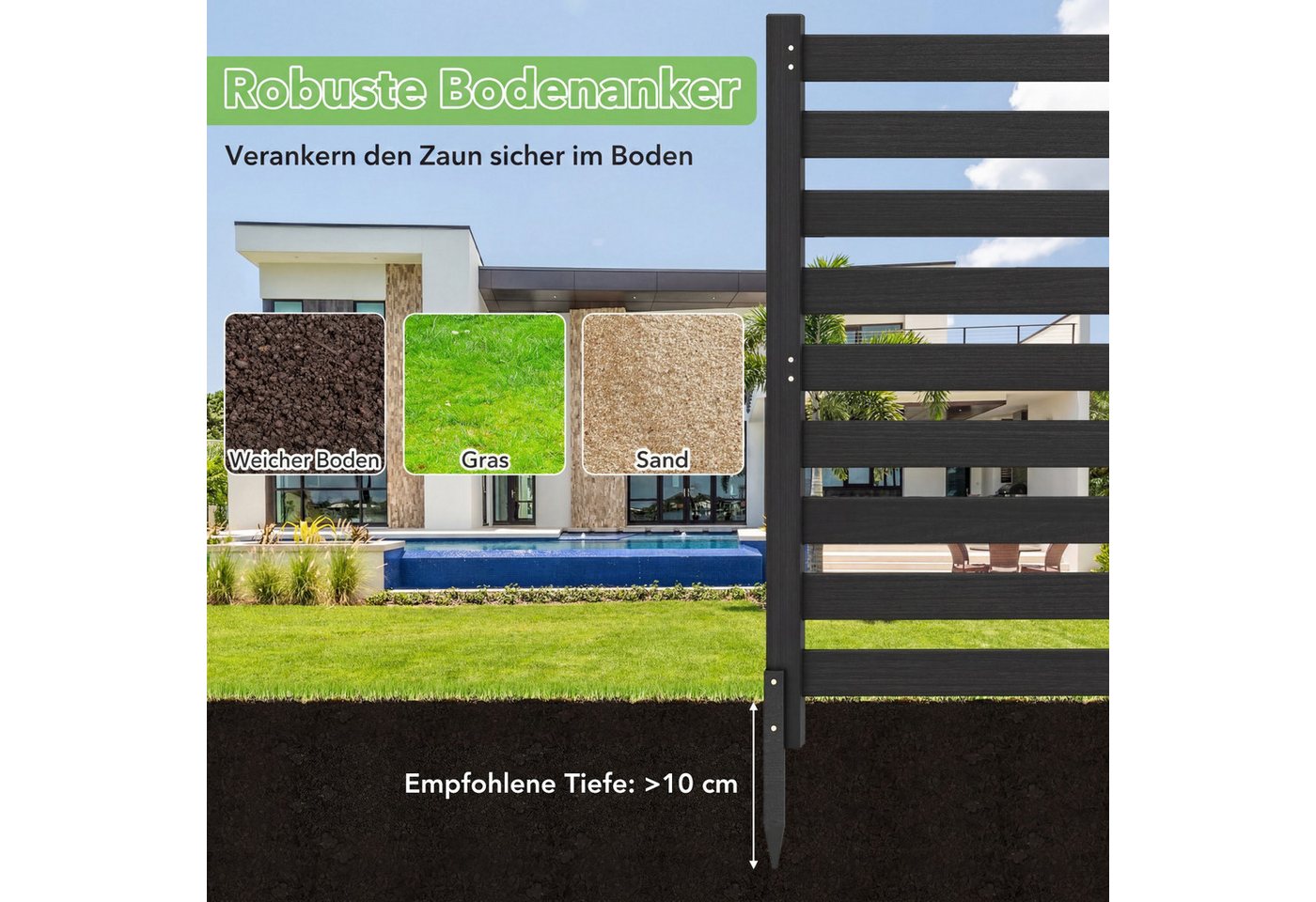 COSTWAY Gartenzaun, Zaun mit 3 Pfählen, Steckzaun Lamellenzaun Bild 3