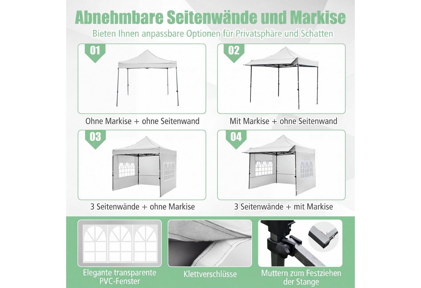COSTWAY Faltpavillon, Pop Up Gartenpavillon mit 3 Seitenwänden für Garten