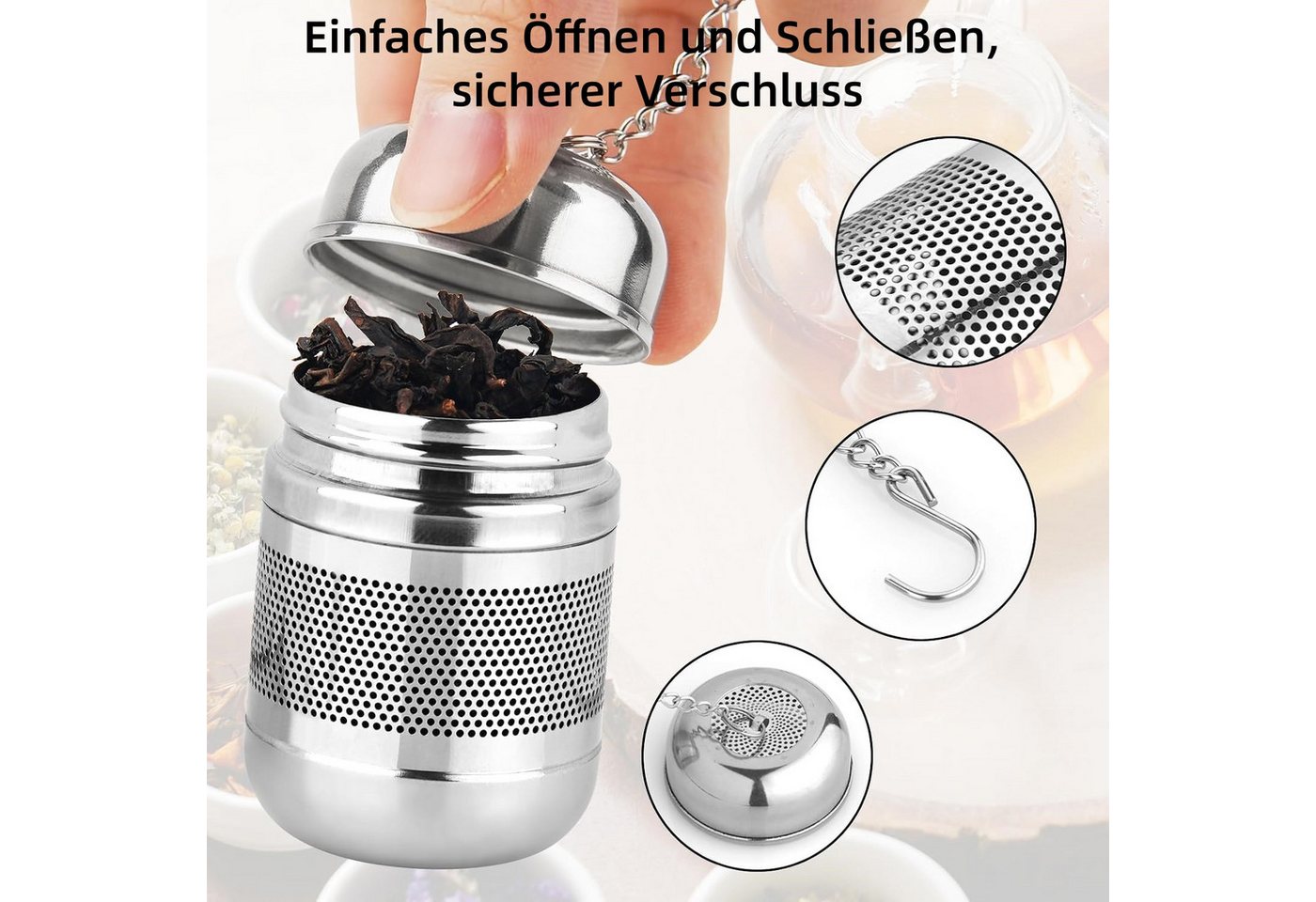 FOUORTUNATE-BEE Teesieb 2er Set Tee-Ei aus Edelstahl mit Untersetzer & Kette, (2-St), Wiederverwendbare Tee-Eier mit feinem Sieb & Kette