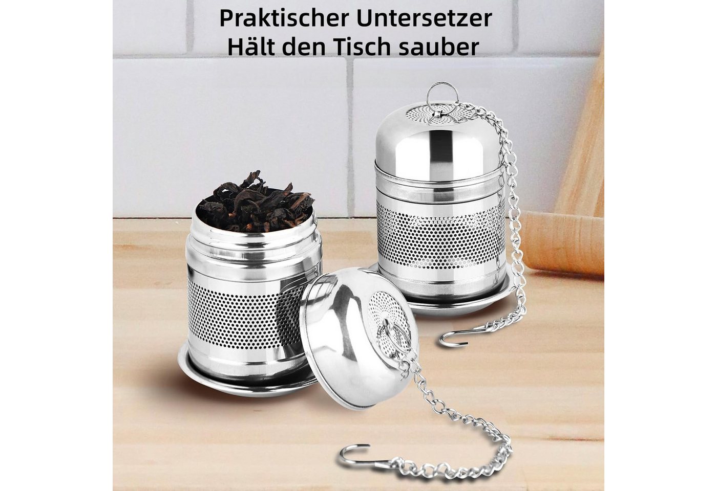 FOUORTUNATE-BEE Teesieb 2er Set Tee-Ei aus Edelstahl mit Untersetzer & Kette, (2-St), Wiederverwendbare Tee-Eier mit feinem Sieb & Kette Bild 2