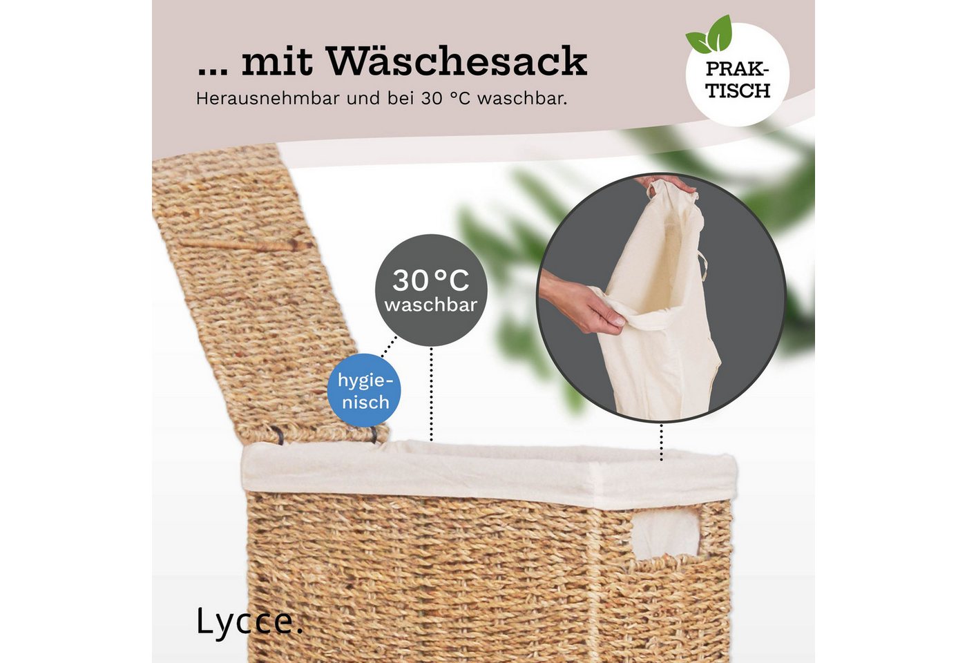 Lycce Wäschekorb Nischenwäschekorb in versch. Größen, aus Seegras geflochten, mit Stoffeinsatz, mit Deckel, Handarbeit