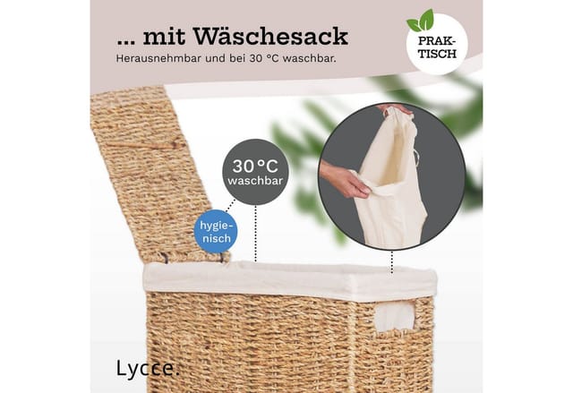 Lycce Wäschekorb Nischenwäschekorb in versch. Größen, aus Seegras geflochten, mit Stoffeinsatz, mit Deckel, Handarbeit