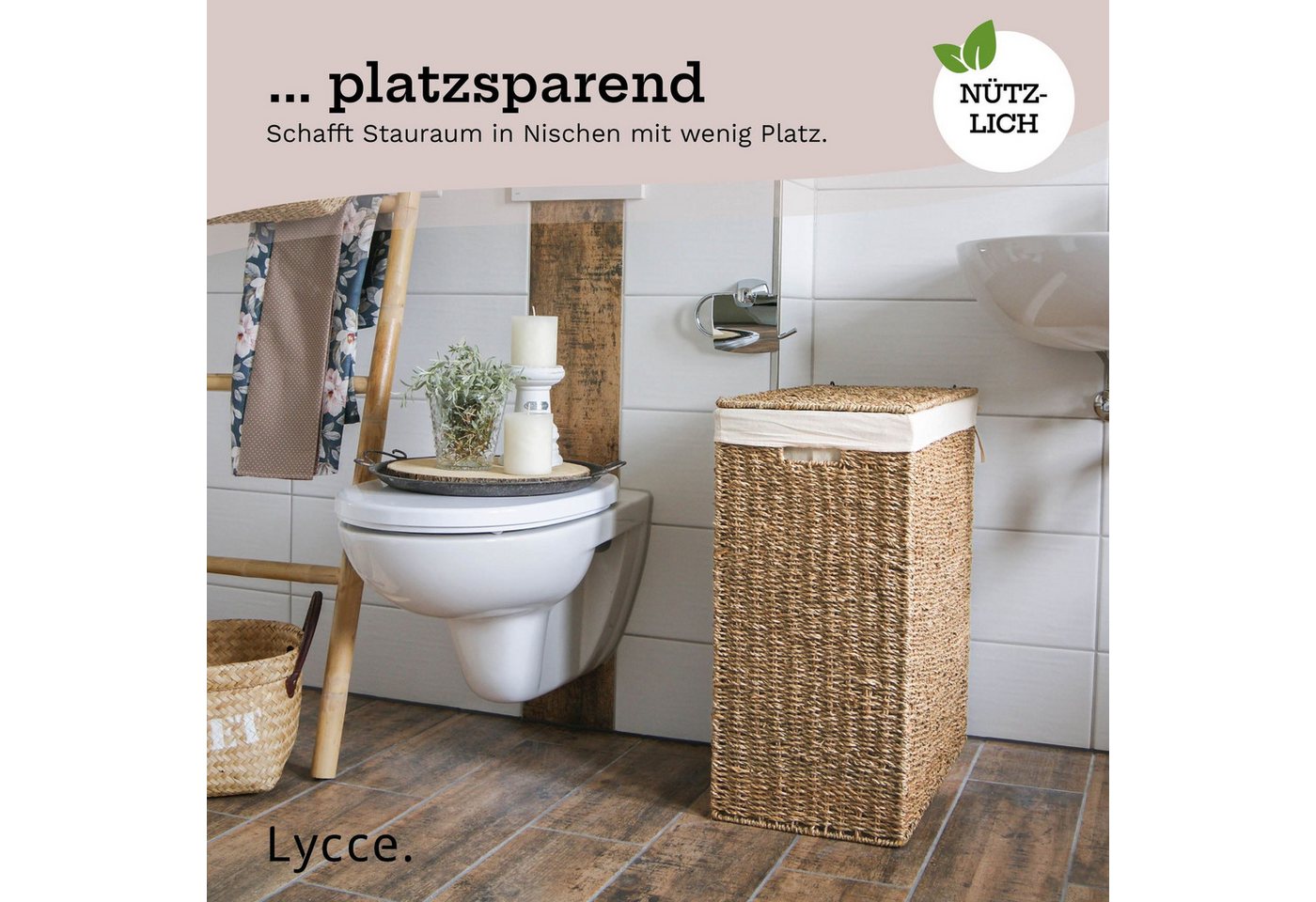 Lycce Wäschekorb Nischenwäschekorb in versch. Größen, aus Seegras geflochten, mit Stoffeinsatz, mit Deckel, Handarbeit Bild 4