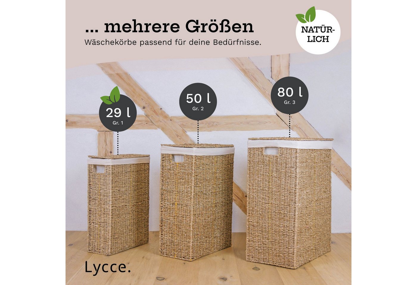 Lycce Wäschekorb Nischenwäschekorb in versch. Größen, aus Seegras geflochten, mit Stoffeinsatz, mit Deckel, Handarbeit Bild 5