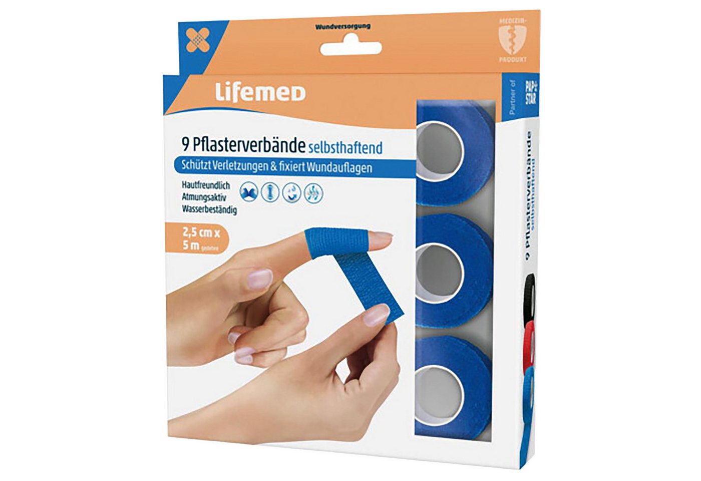 LifeMed Fixierpflaster 9x PFLASTERVERBAND Set 2,5cmx5m Blau selbsthaftend elastisch 95 Wundverband Fingerpflaster Haftbandage Fixierbandage Pflaster Bild 5