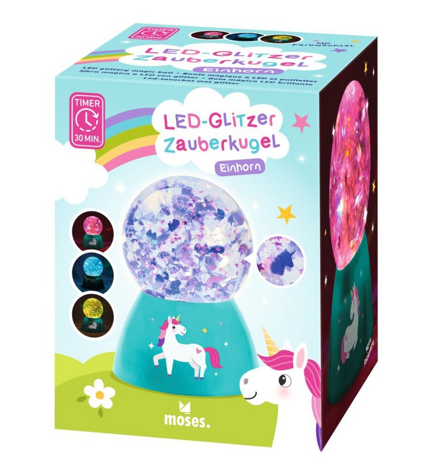 Moses. Verlag LED Kugelleuchte LED-Glitzer-Zauberkugel Einhorn, Schneekugel mit LED-Licht in 3 Farben Bild 3
