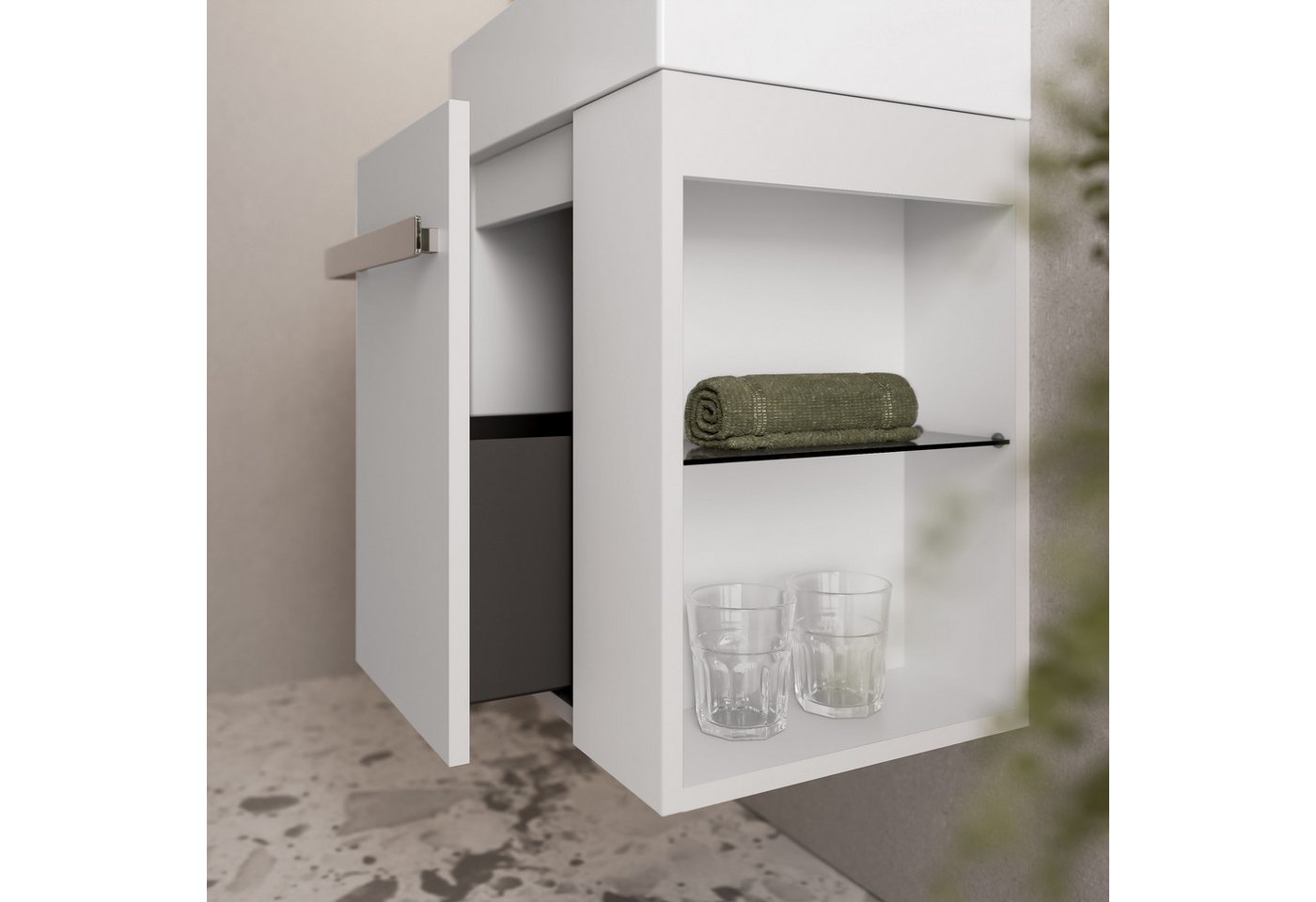 Bernstein Waschbeckenunterschrank COMPACT 450 Weiß matt REGAL rechts GRIFF Chrom Waschtischunterschrank mit Waschbecken 1 Schublade & Regal Bild 2